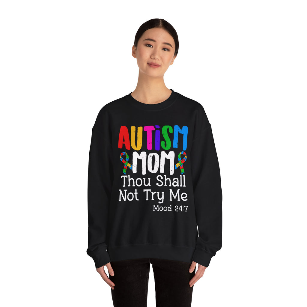 Autism Mom Crewneck Sweatshirt — "Thou Shall Not Try Me" Bold Rainbow Design