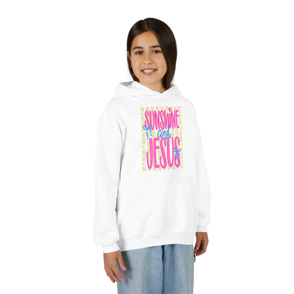 Youth Hoodie – "Sunshine & Jesus" Colorful Faith Graphic