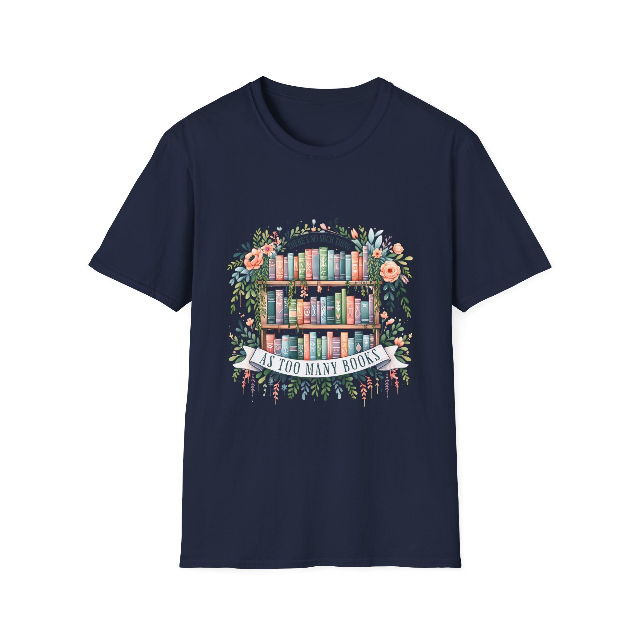 Booklover T-Shirt — Floral Bookshelf "Too Many Books" Graphic Tee