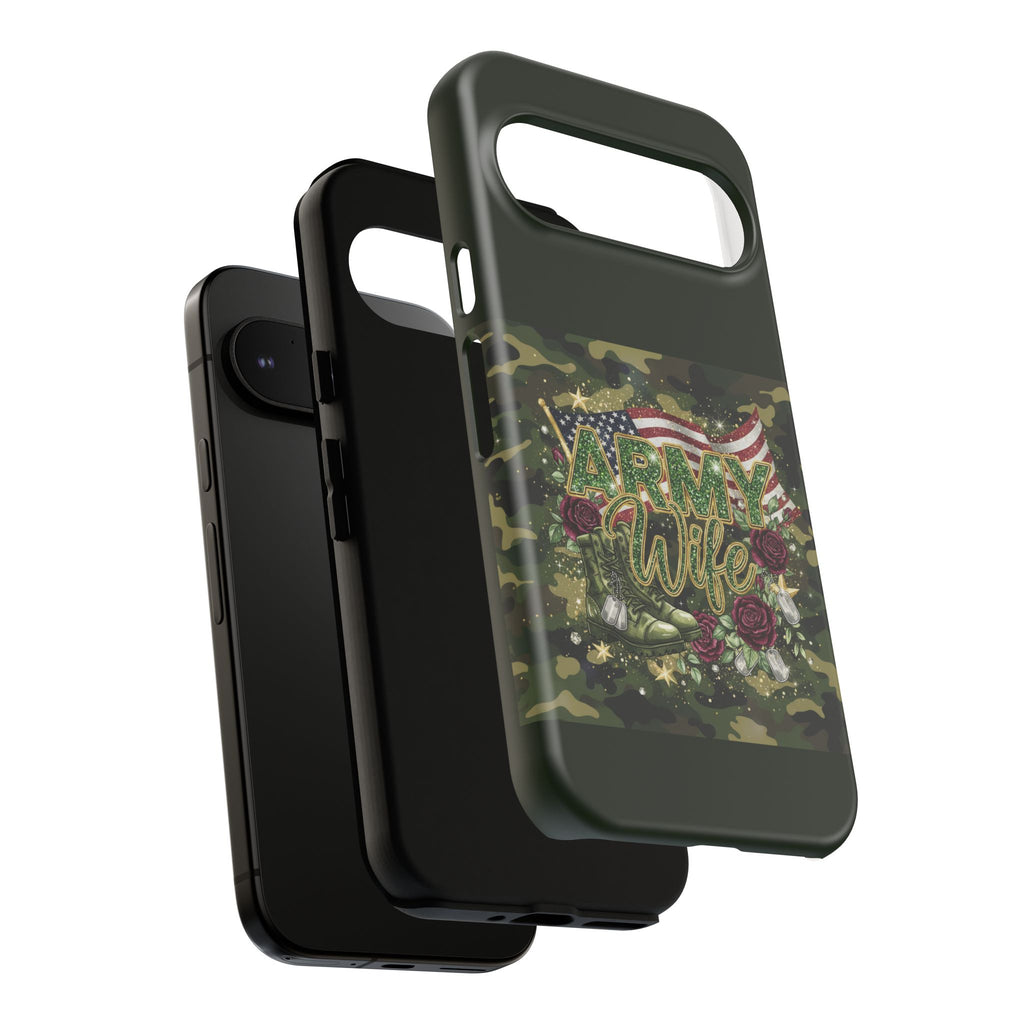 Army Wife Tough Phone Case — Camo Flag Design with Roses