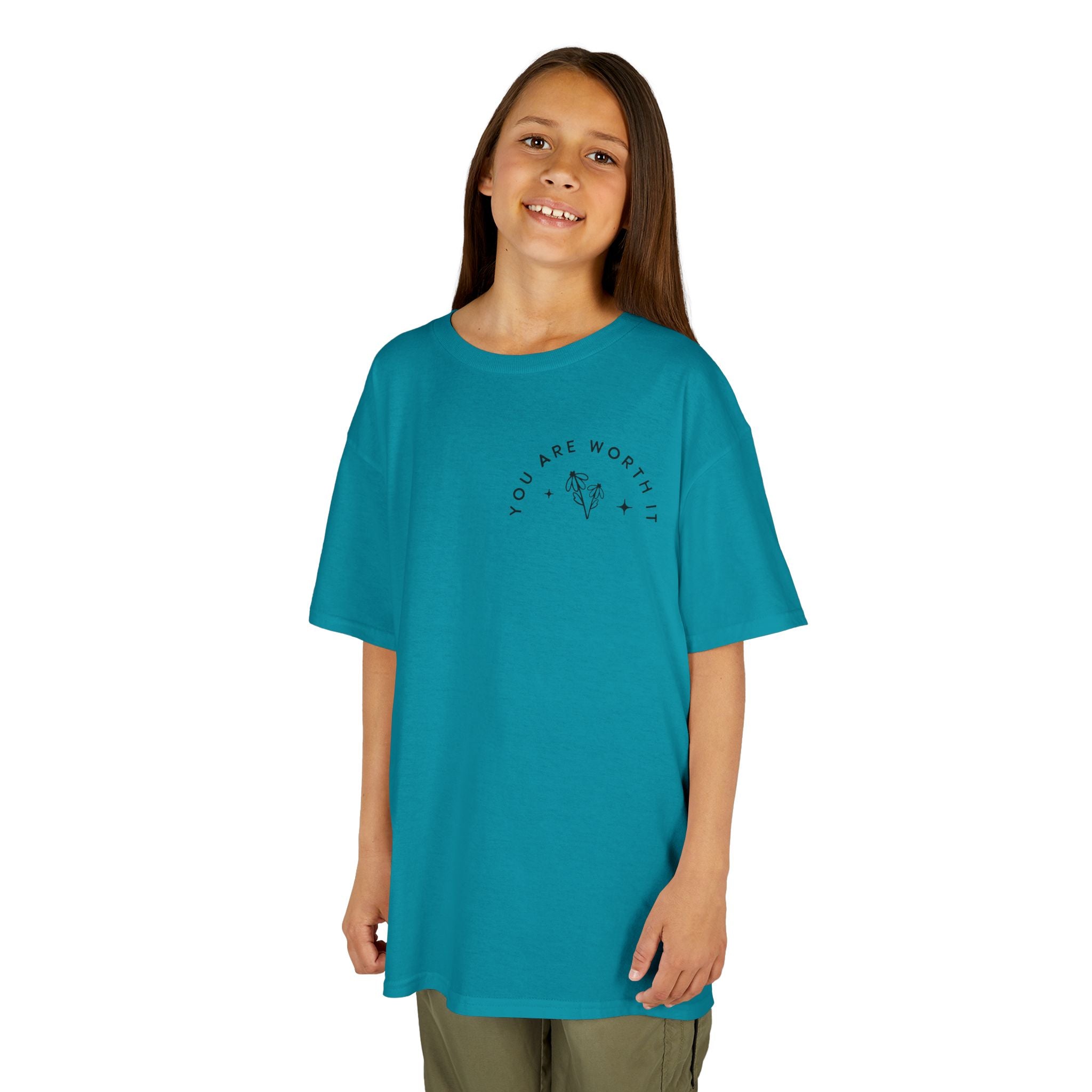Kids Tee — “You Are Worth It” Minimal Floral Comfort Shirt