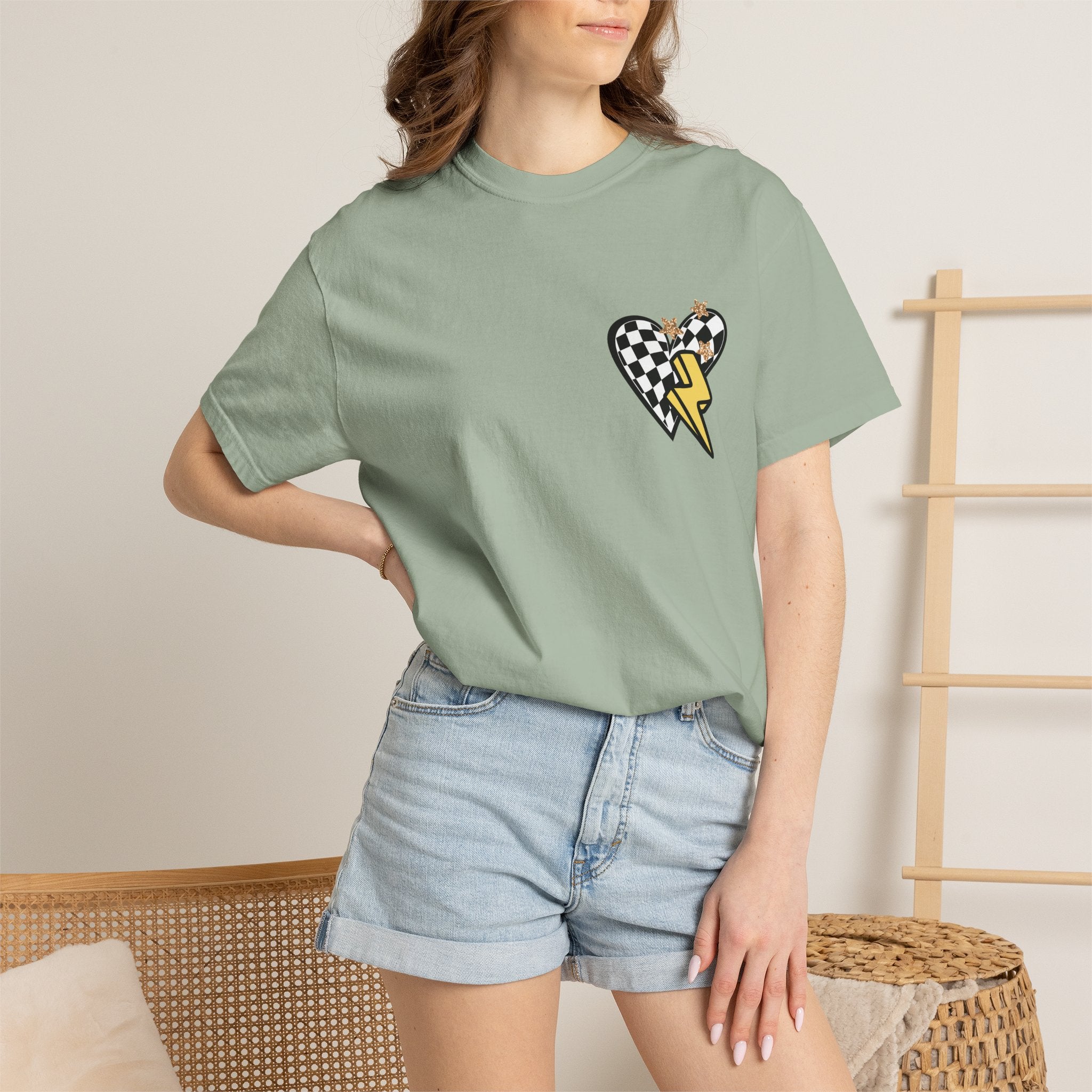 Graphic T-Shirt — Checker Heart & Tiger Collage Design