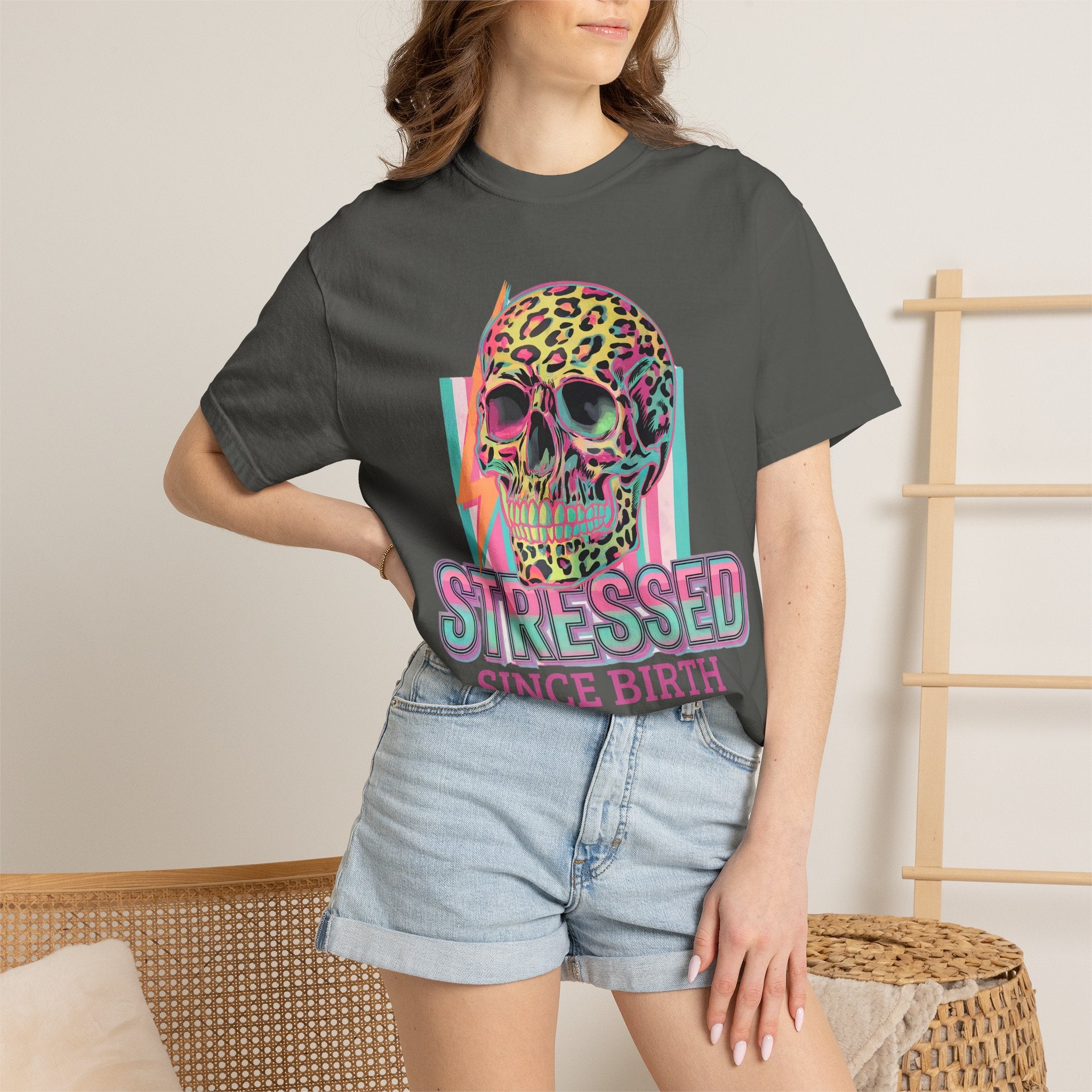 Stressed Since Birth T-Shirt — Neon Leopard Skull Graphic Tee