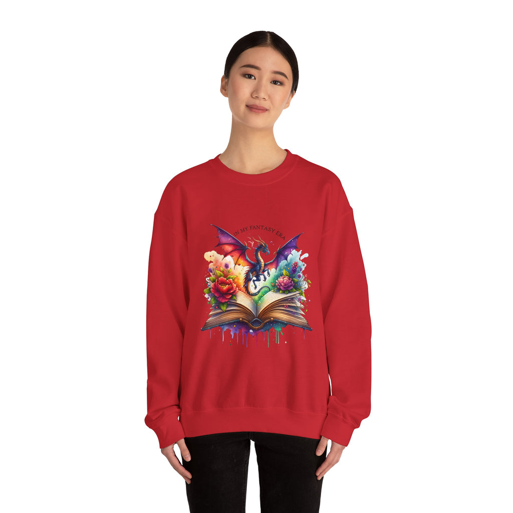 Crewneck Sweatshirt — Fantasy Dragon Emerging From Open Book with Flowers