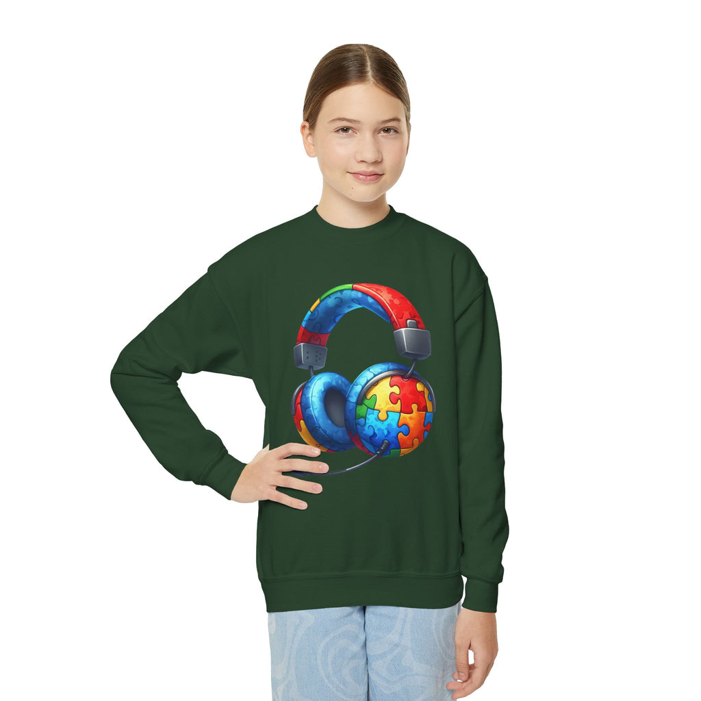 Youth Crewneck Sweatshirt — Colorful Headphones with Puzzle Heart Graphic (Autism Awareness)
