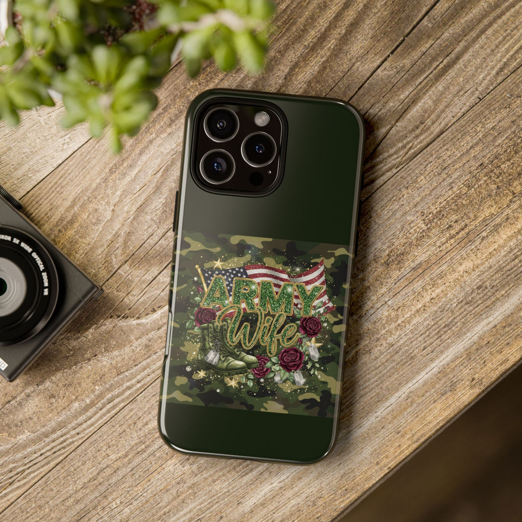 Army Wife Tough Phone Case — Camo Flag Design with Roses
