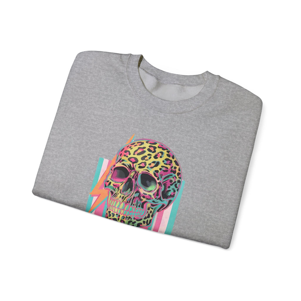 Stressed Since Birth Skull Crewneck Sweatshirt — Retro Neon Leopard Skull Pullover