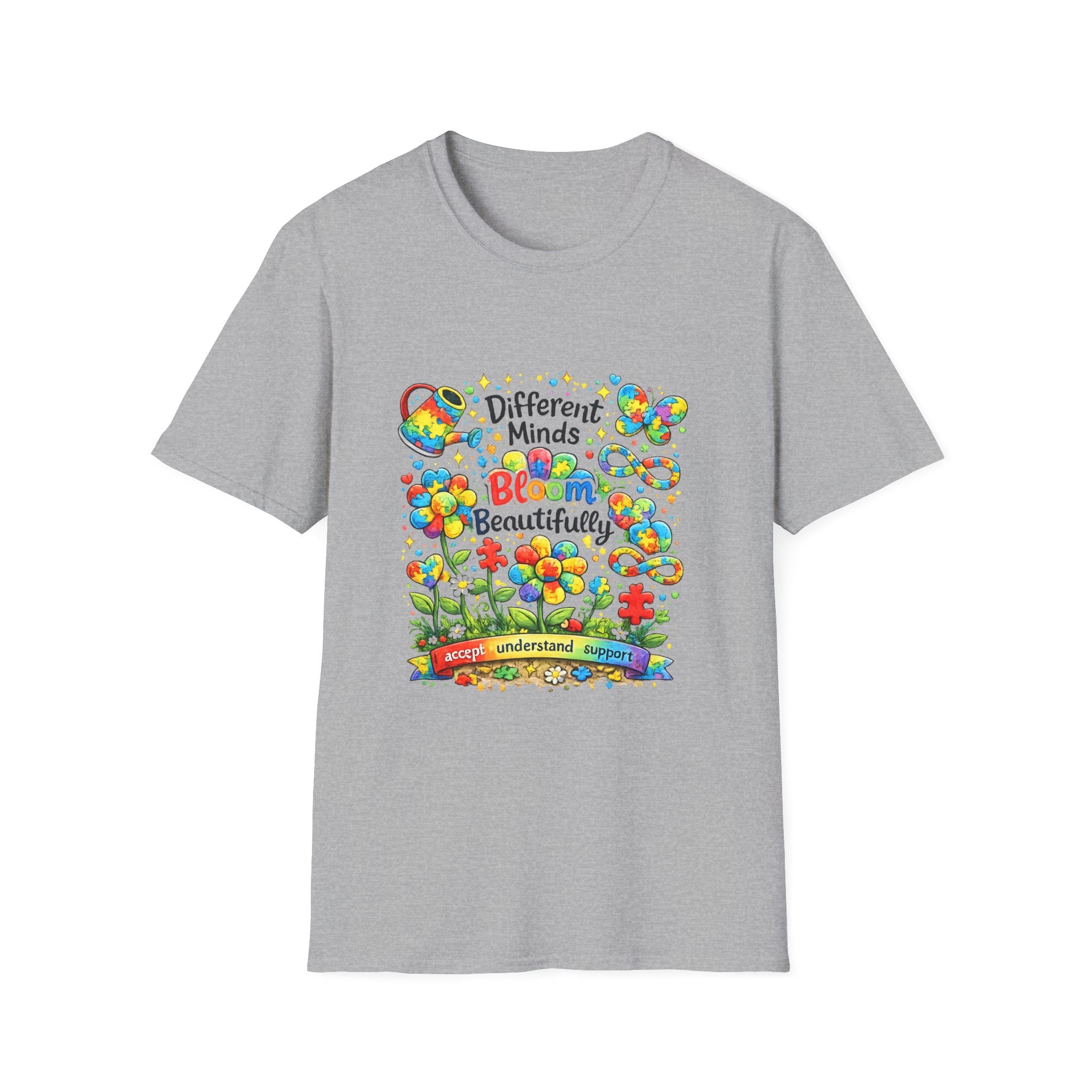 Autism Awareness T-Shirt – "Different Minds Bloom Beautifully" Colorful Puzzle Heart Design