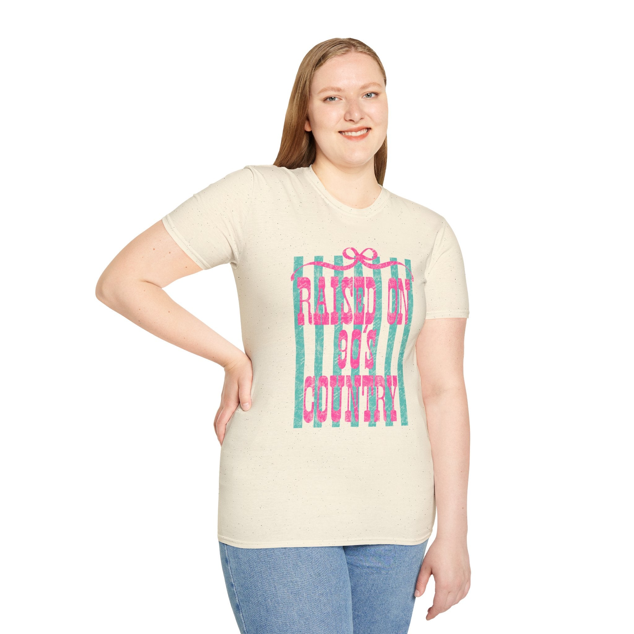 Raised On Rock & Country T-Shirt — Pink Teal Striped Graphic Tee