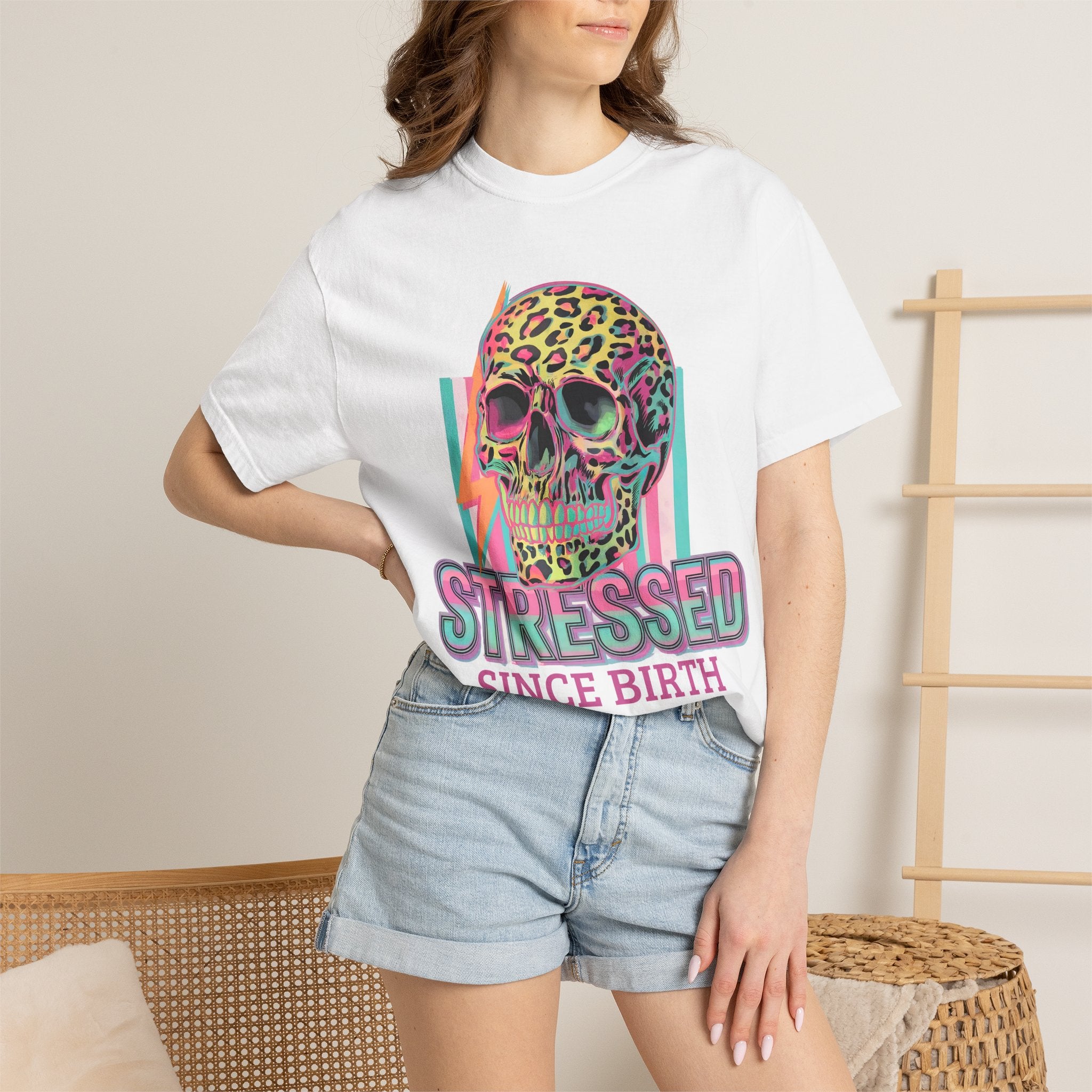 Stressed Since Birth T-Shirt — Neon Leopard Skull Graphic Tee