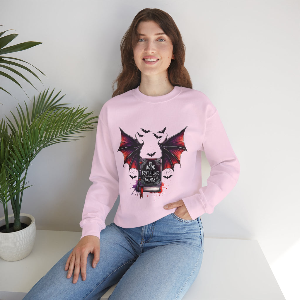 Bat Wings Book Lover Sweatshirt – "My Book Boyfriend Has Wings" Gothic Reading Crewneck