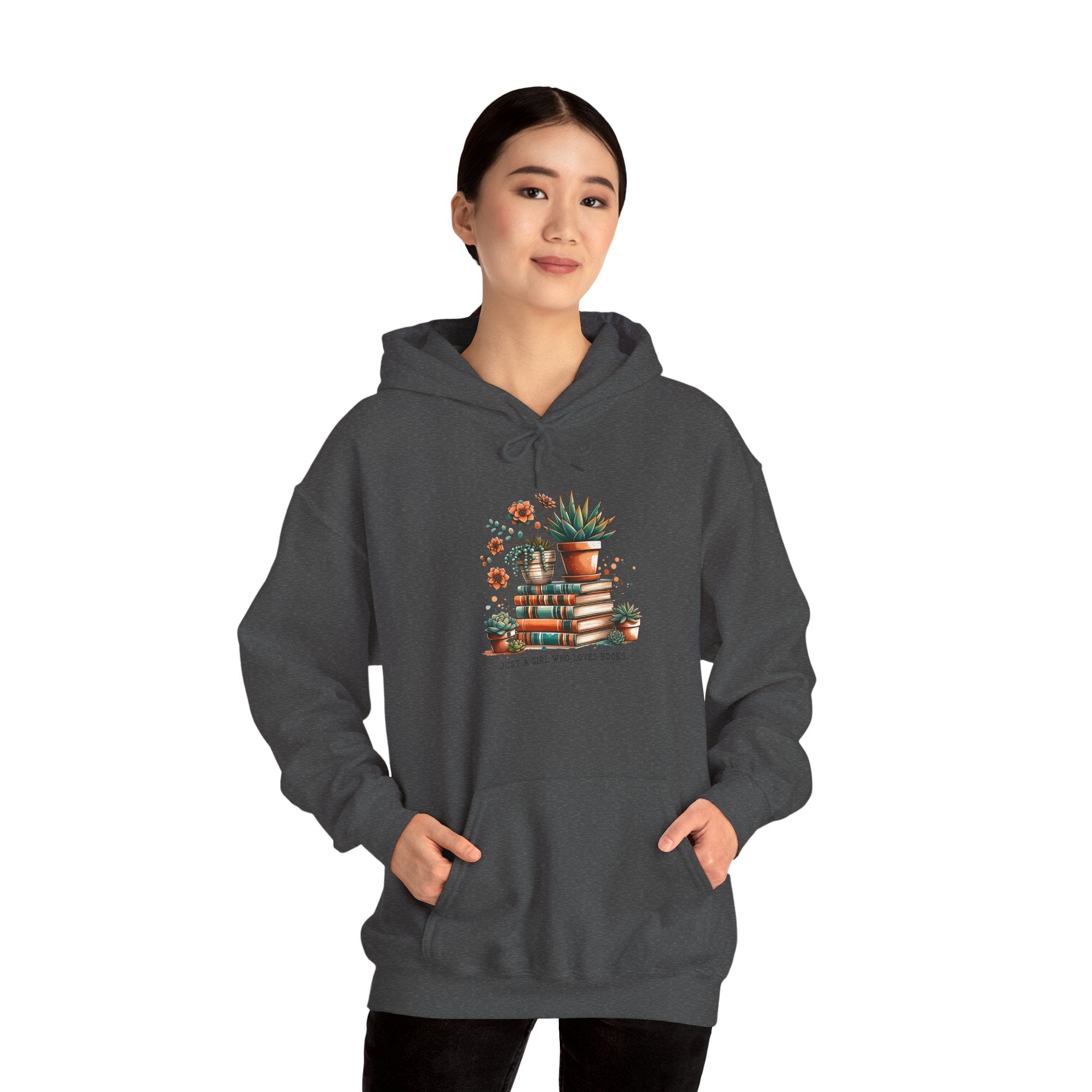 Plant Lover Hoodie – 'Plant Lady With Books' Cozy Botanical Pullover