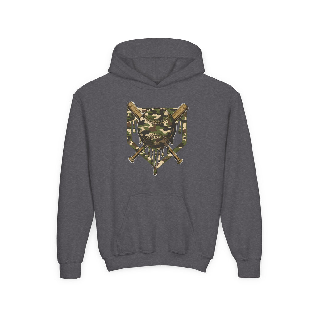 Youth Camo Baseball Crest Hoodie – Camouflage Bat & Home Plate Graphic