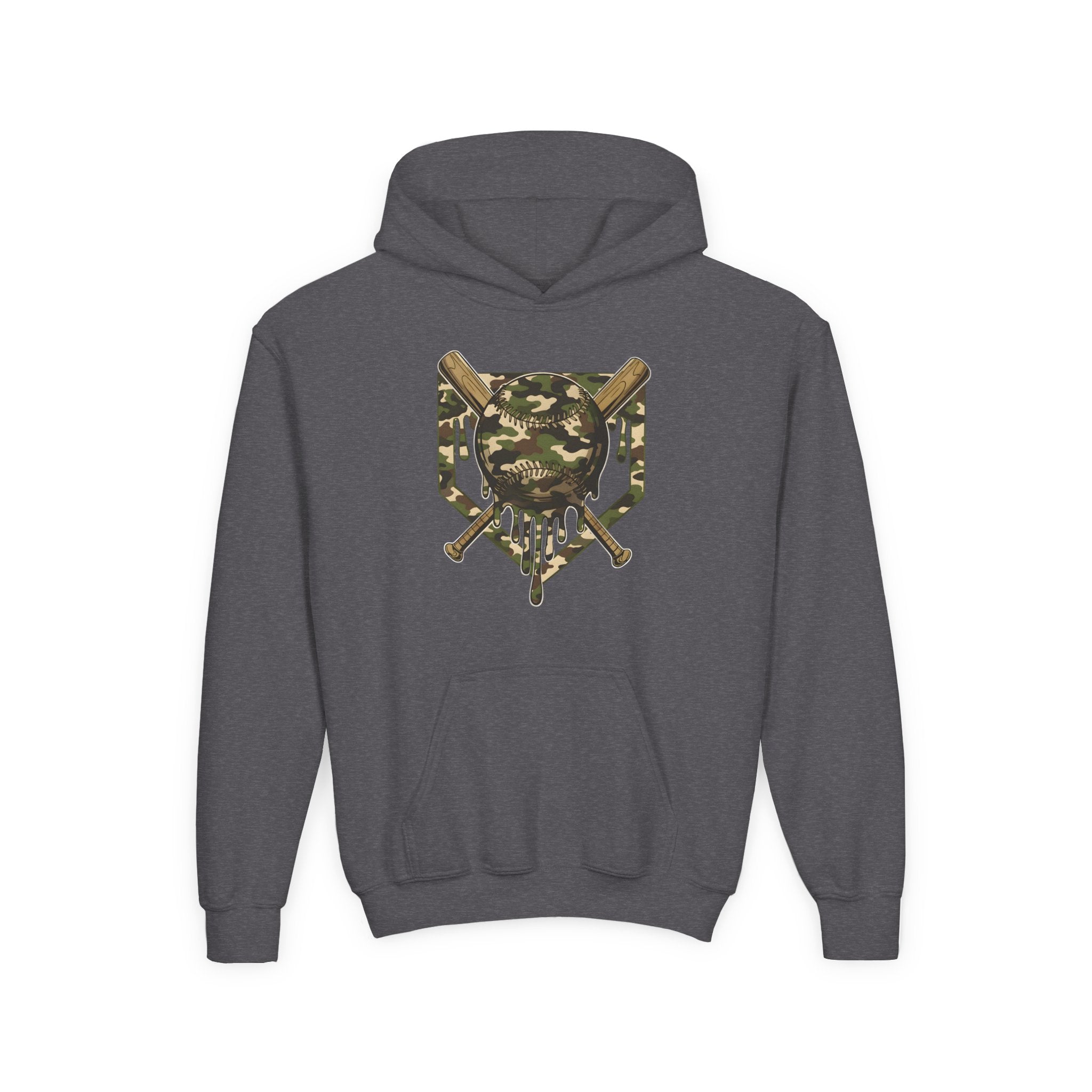 Youth Camo Baseball Crest Hoodie – Camouflage Bat & Home Plate Graphic