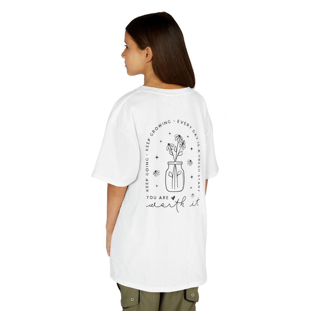 Kids Tee — “You Are Worth It” Minimal Floral Comfort Shirt