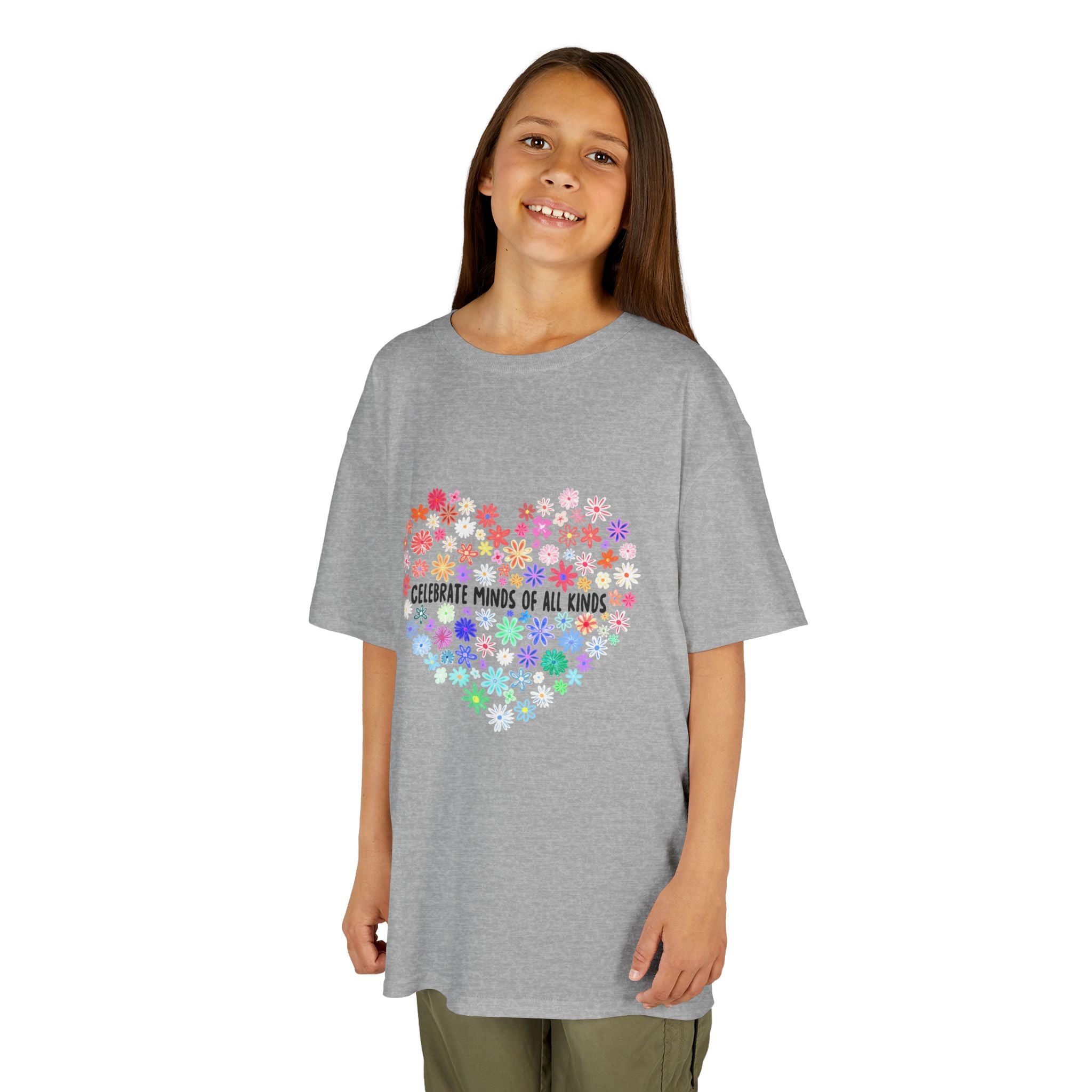 Kids T-Shirt — "Celebrate Minds of All Kinds" Rainbow Flower Heart