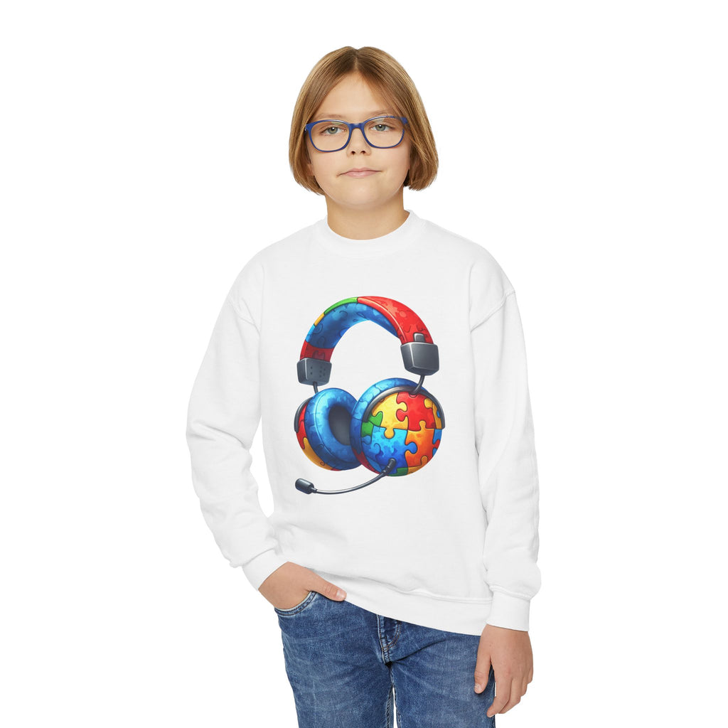 Youth Crewneck Sweatshirt — Colorful Headphones with Puzzle Heart Graphic (Autism Awareness)