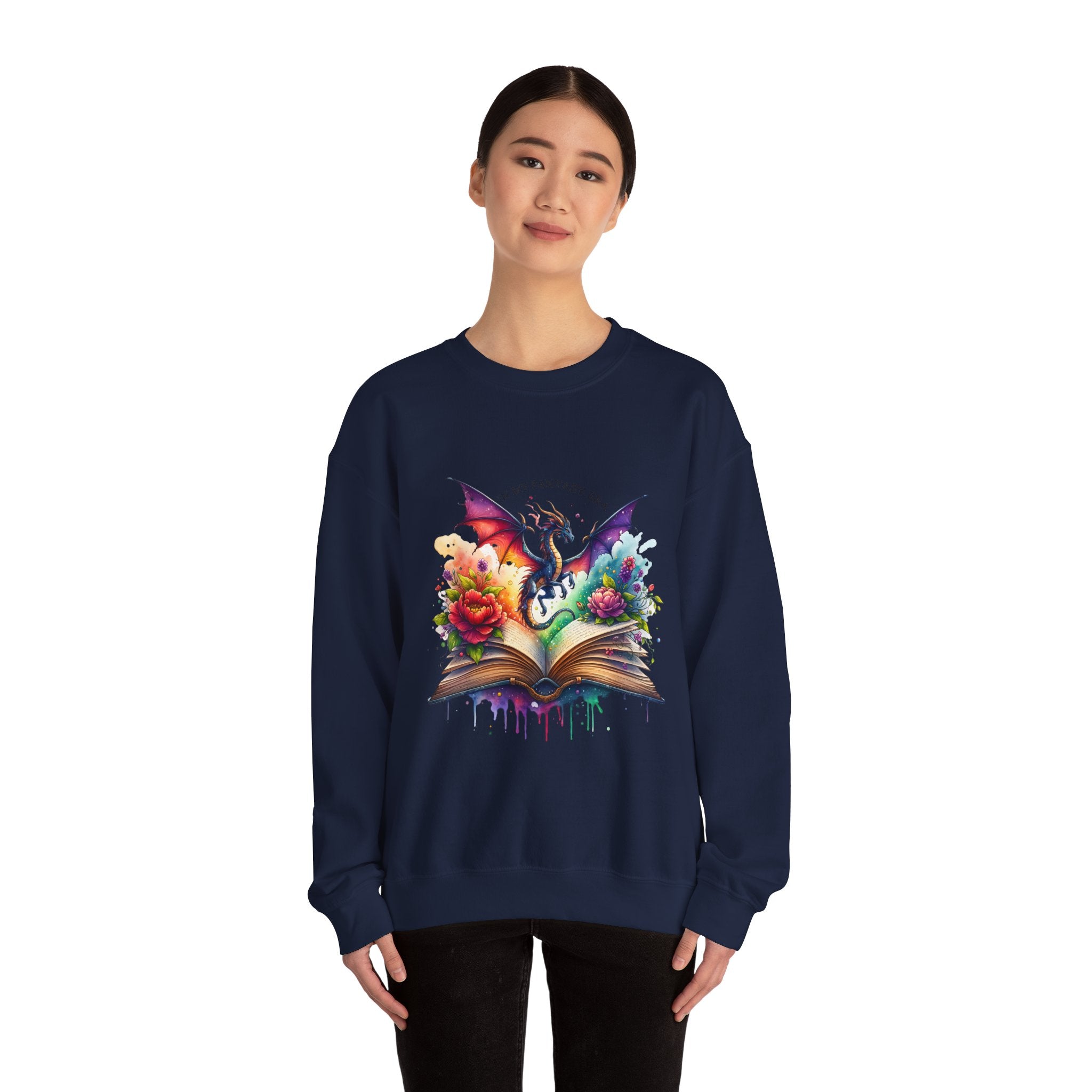 Crewneck Sweatshirt — Fantasy Dragon Emerging From Open Book with Flowers