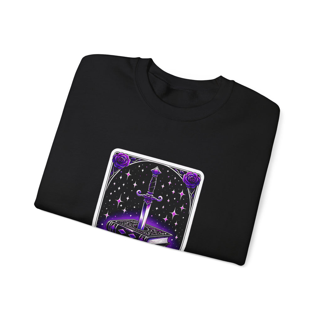 Crewneck Sweatshirt — The Bookish Witch: 'The Enchanted Book Club' Purple Sword & Books Graphic