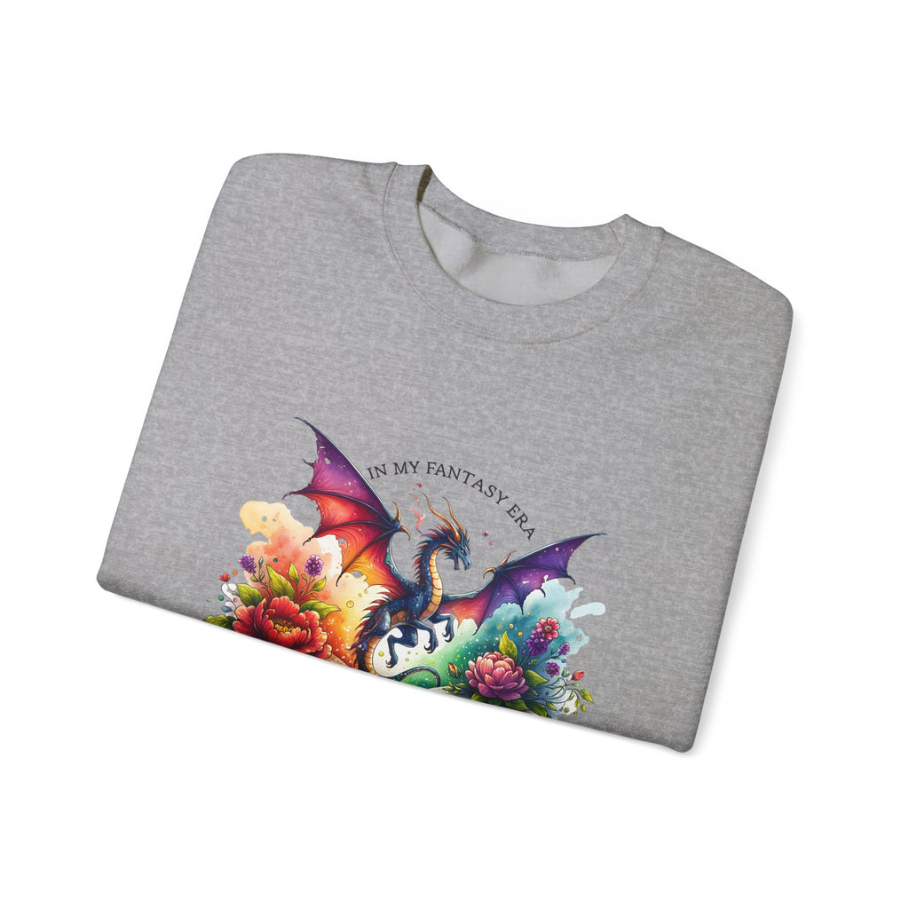 Crewneck Sweatshirt — Fantasy Dragon Emerging From Open Book with Flowers