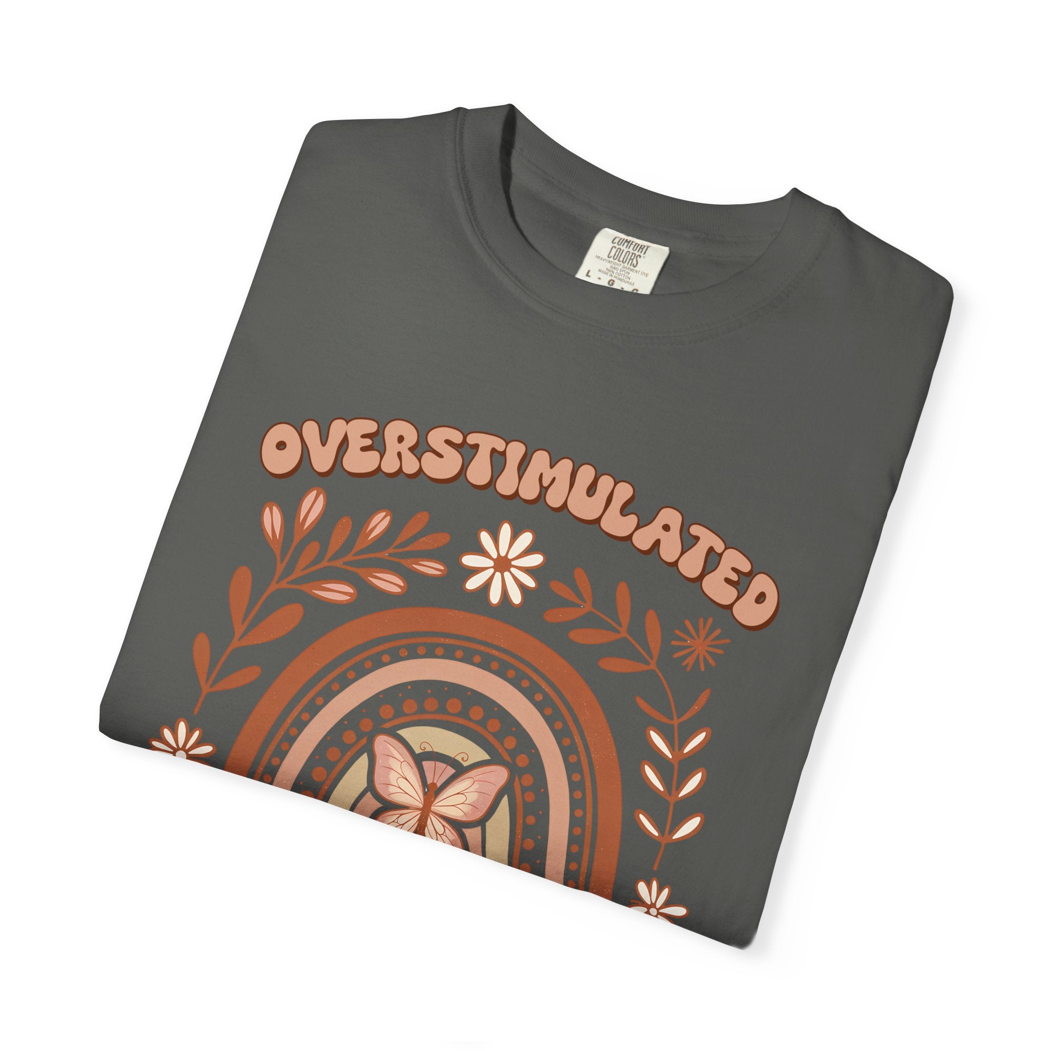 Moms Club Tee — "Overstimulated" Retro Floral Rainbow Mother's Day Shirt