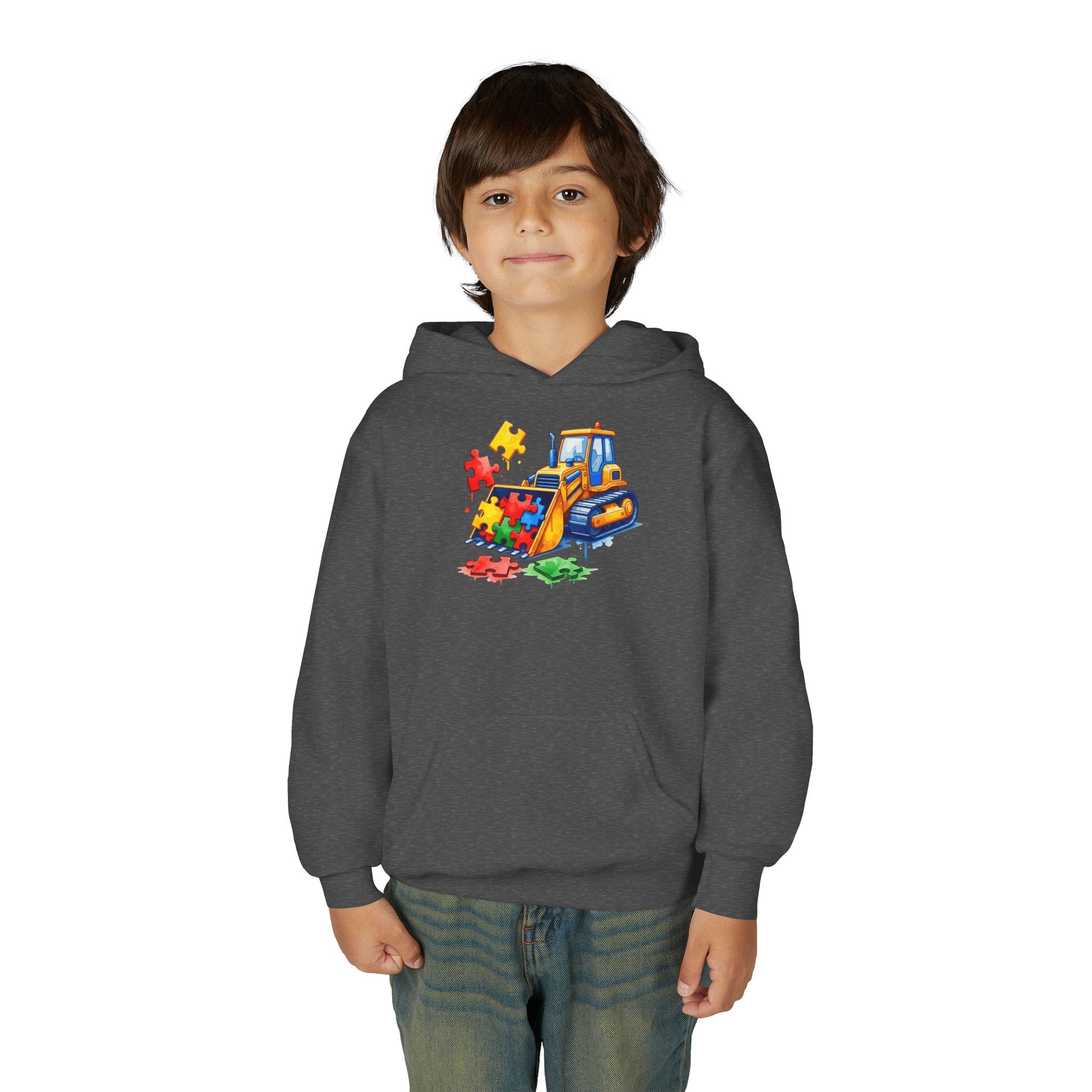 Youth Puzzle Bulldozer Hoodie — Kids Construction Truck Sweatshirt