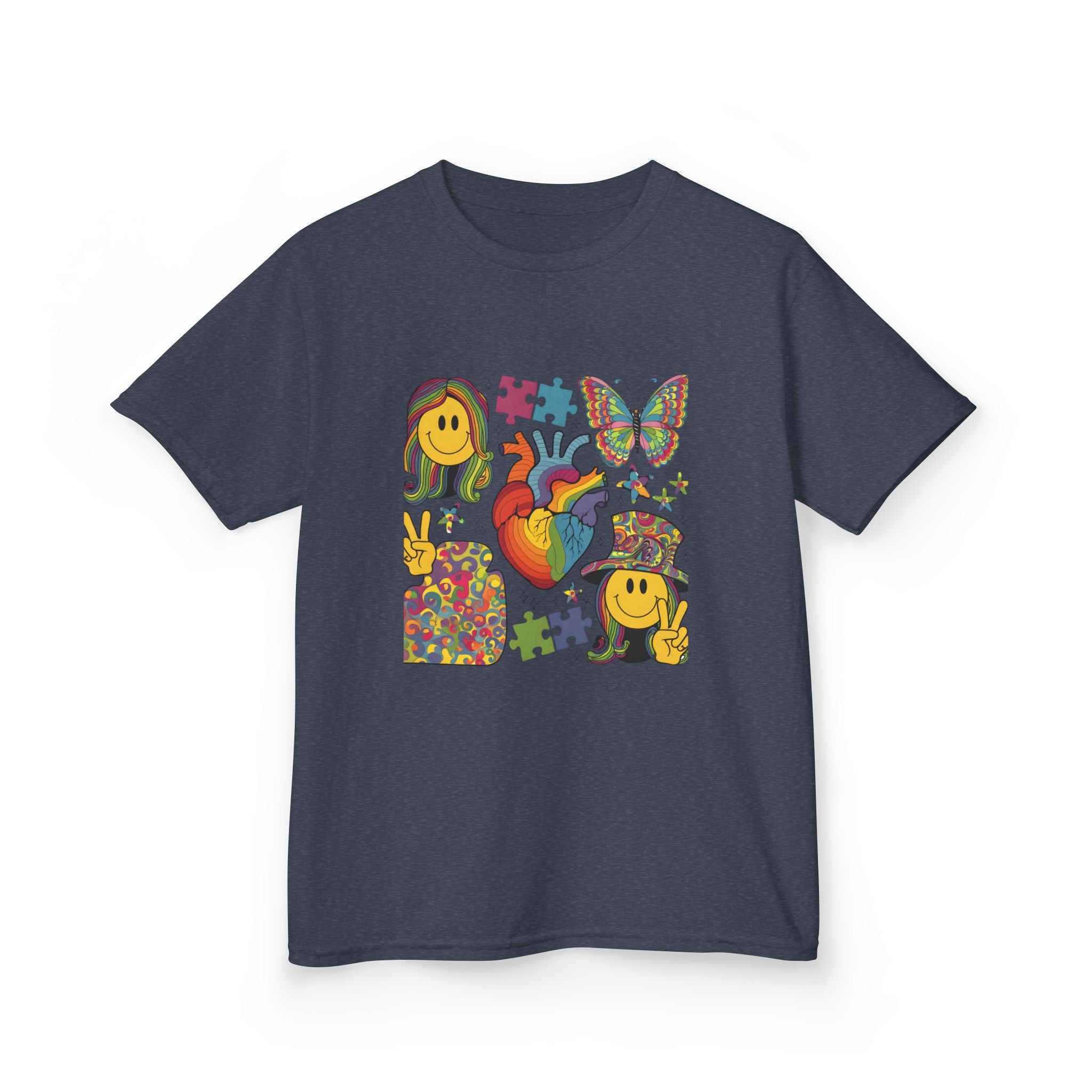 Kids Tee — Colorful Psychedelic Smiley & Puzzle Heart Graphic