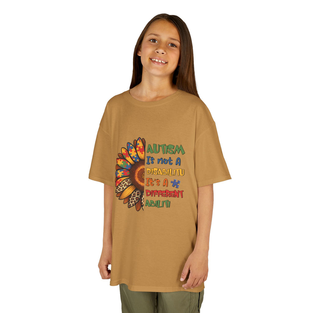 Kids Tee — "Autism Is Not A Disability It's A Different Ability" Colorful Feather Design