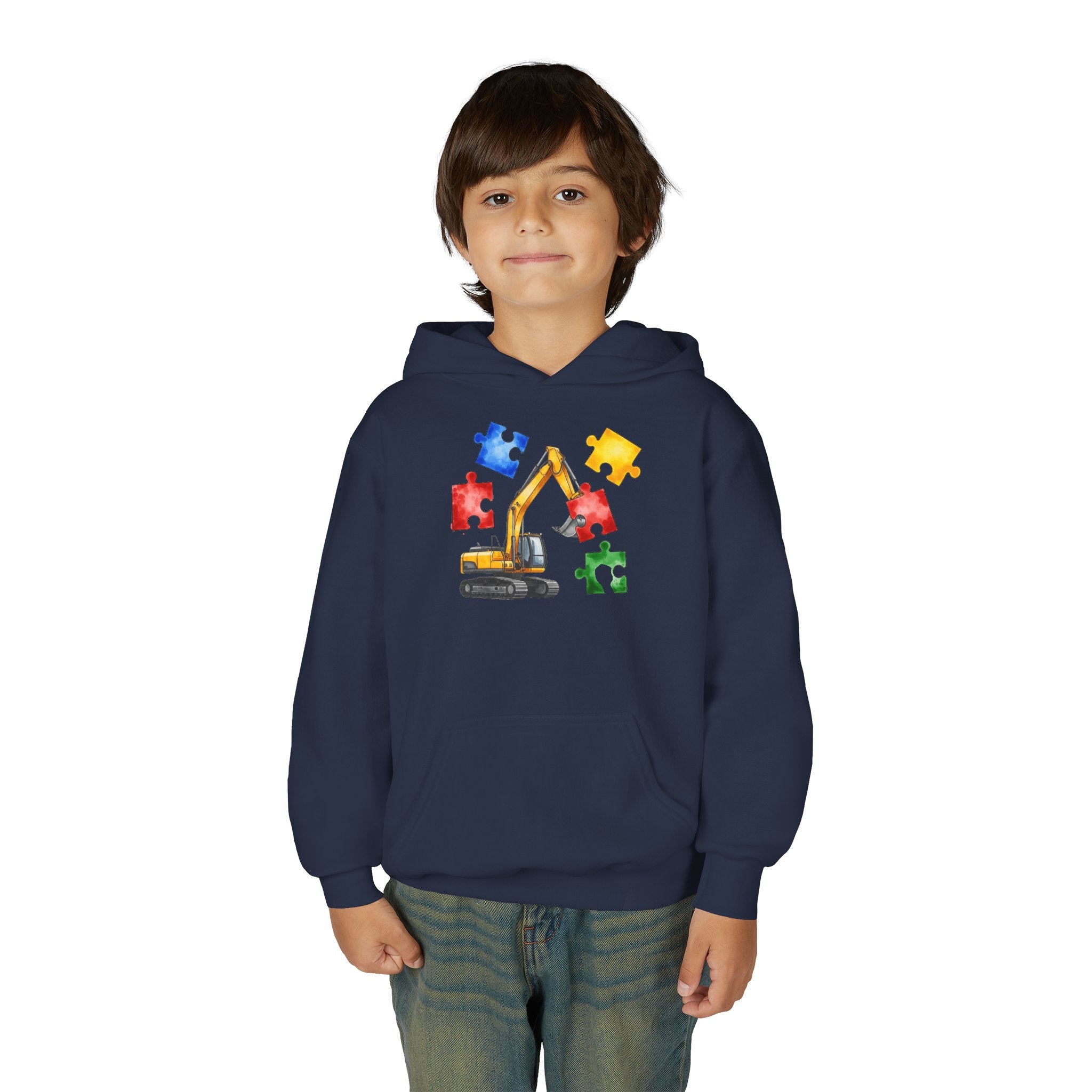 Kids Excavator Puzzle Hoodie - Autism Awareness Construction Sweatshirt