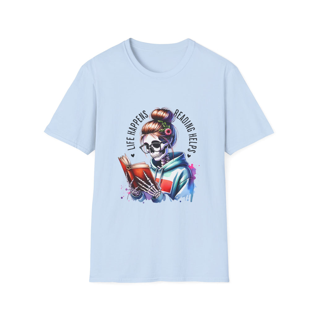 Reading Skull T-Shirt — "Life Happens, Reading Help" Gothic Booklover Tee
