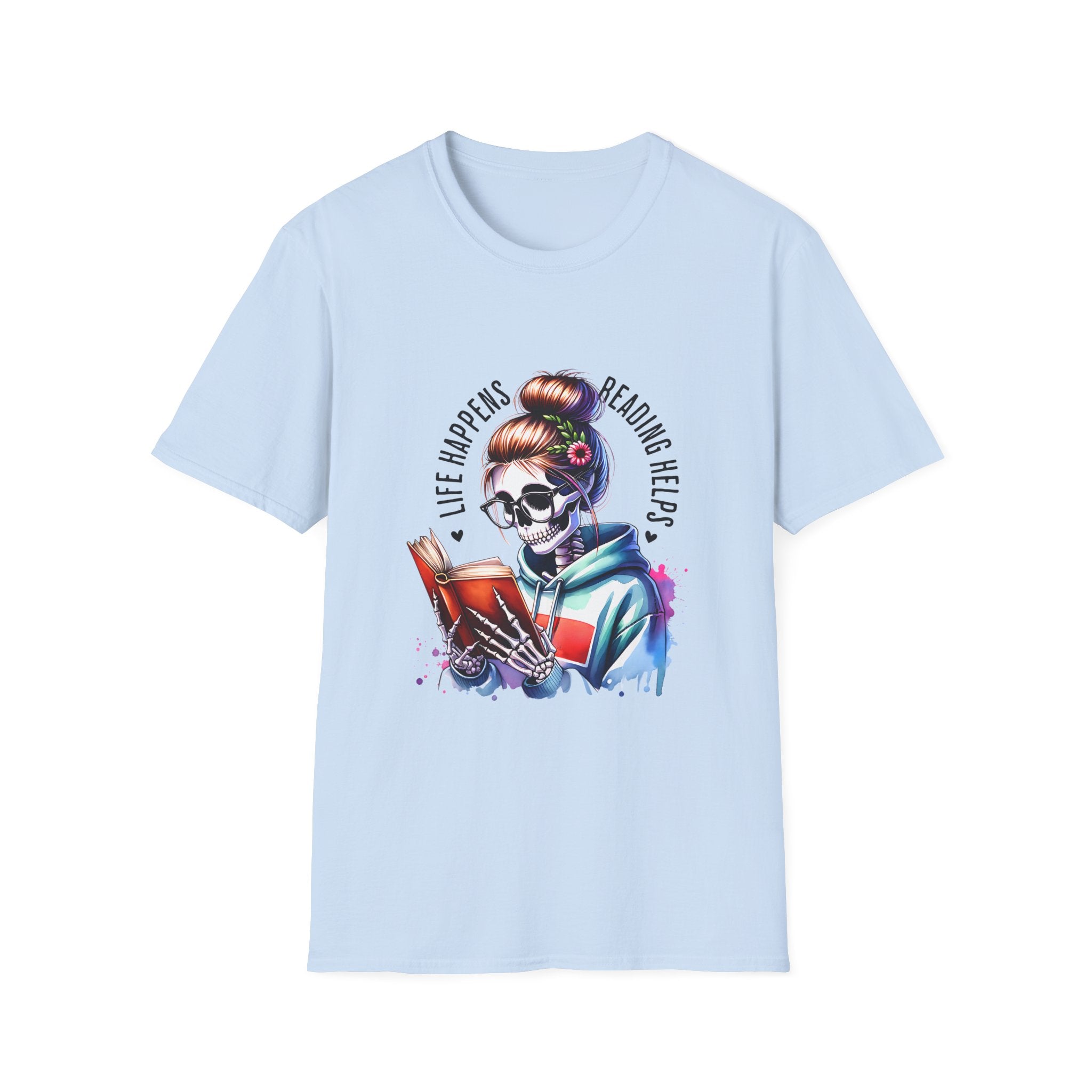 Reading Skull T-Shirt — "Life Happens, Reading Help" Gothic Booklover Tee