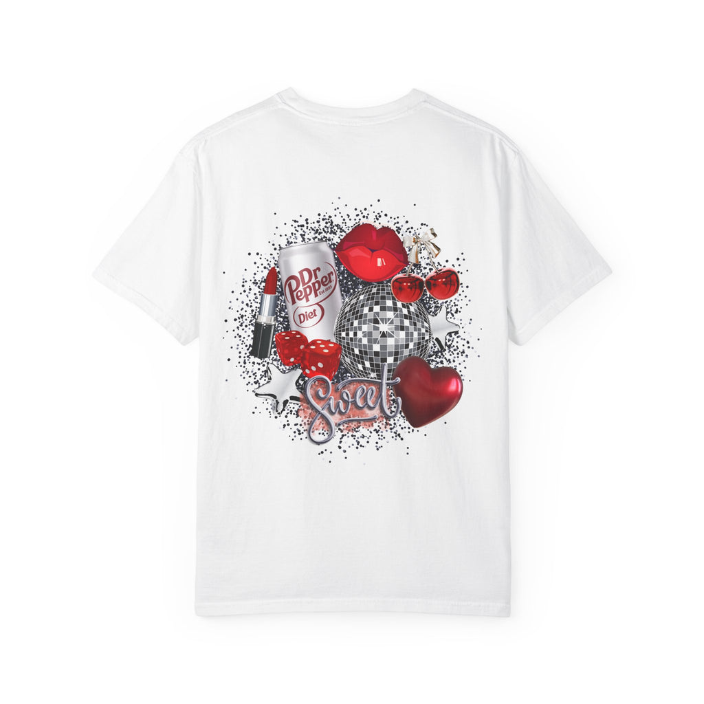 Cherry Disco Graphic T-Shirt — Retro Red Heart & Soda Pop Design