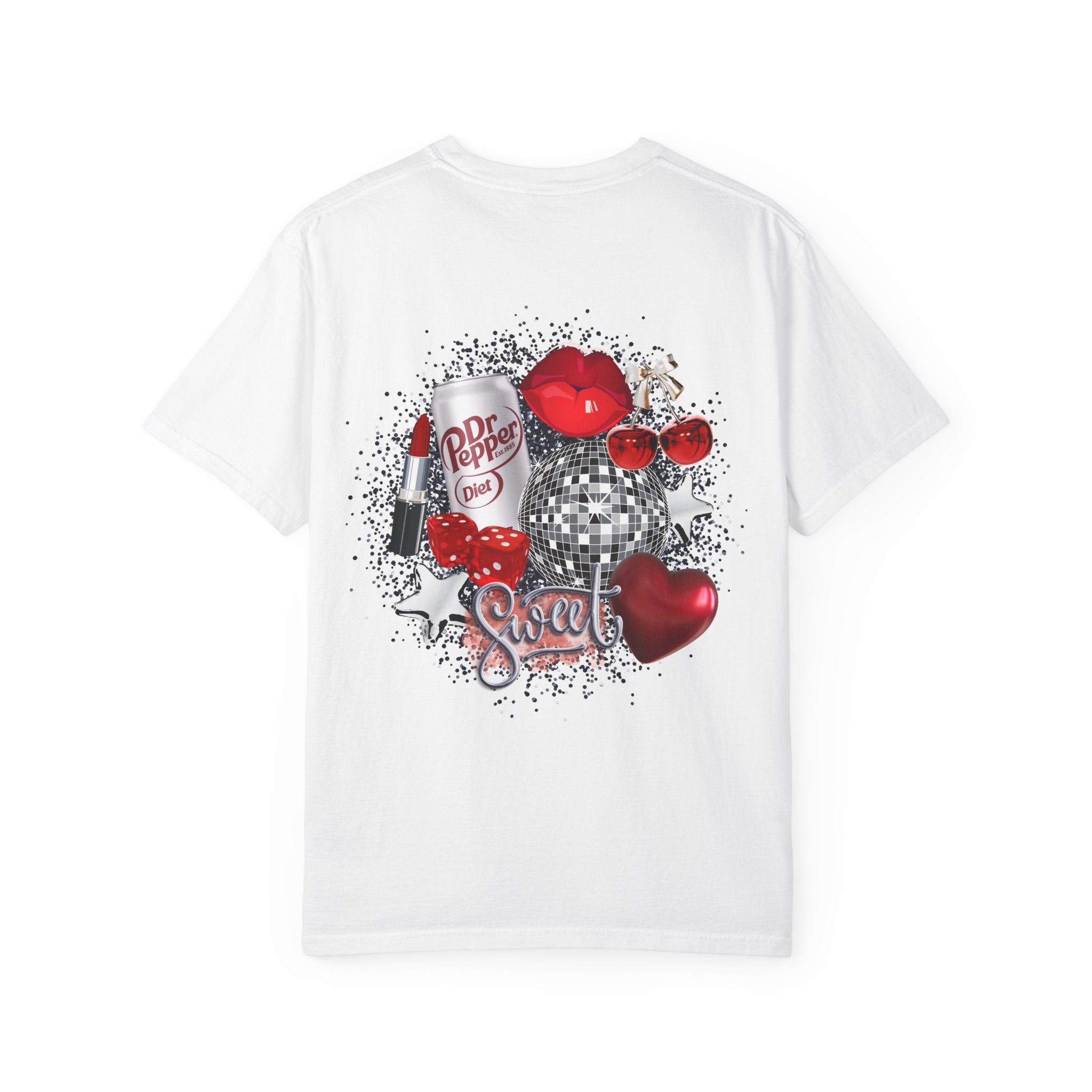 Cherry Disco Graphic T-Shirt — Retro Red Heart & Soda Pop Design