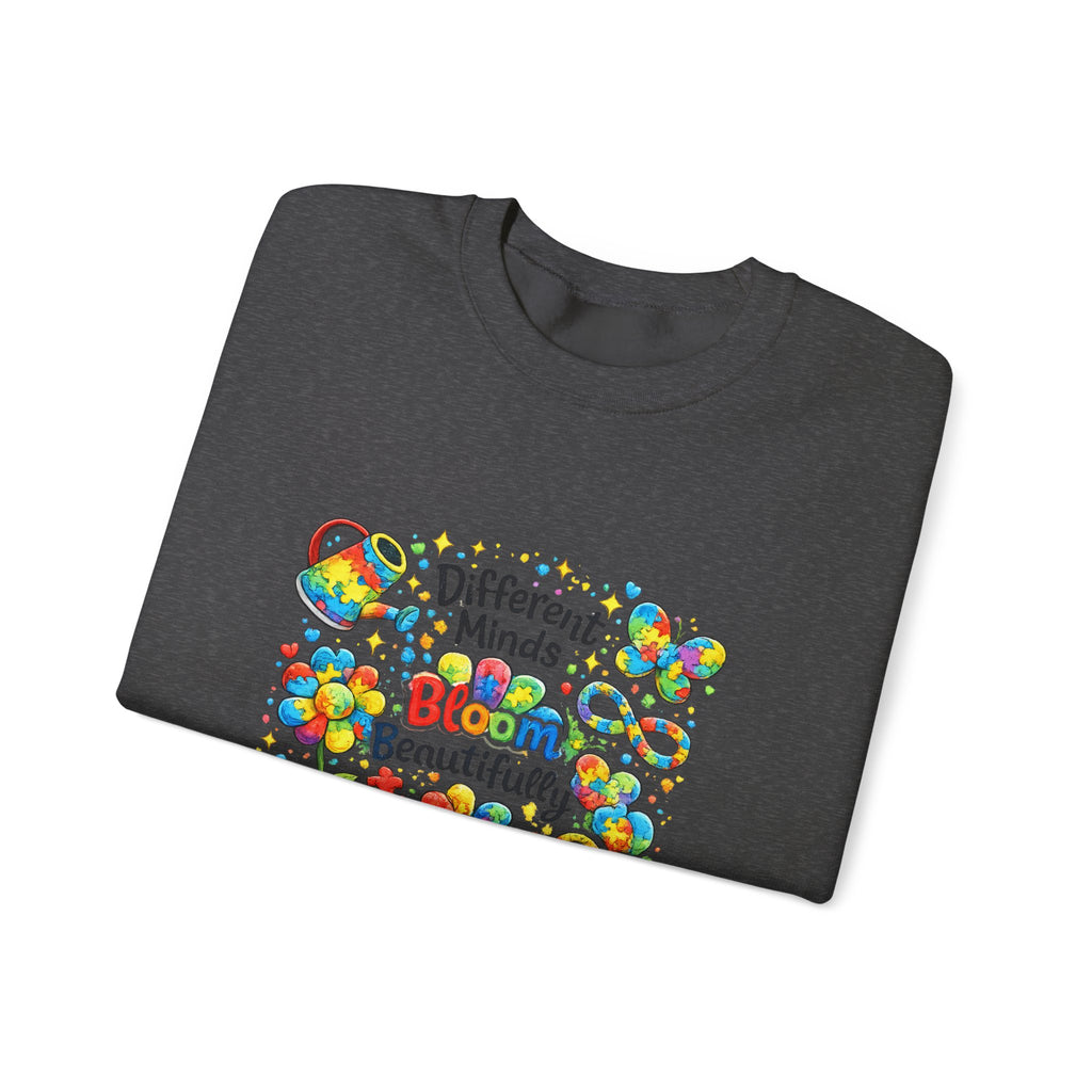 Autism Awareness Crewneck Sweatshirt — “Different Minds Bloom Beautifully” Colorful Puzzle Flower Design