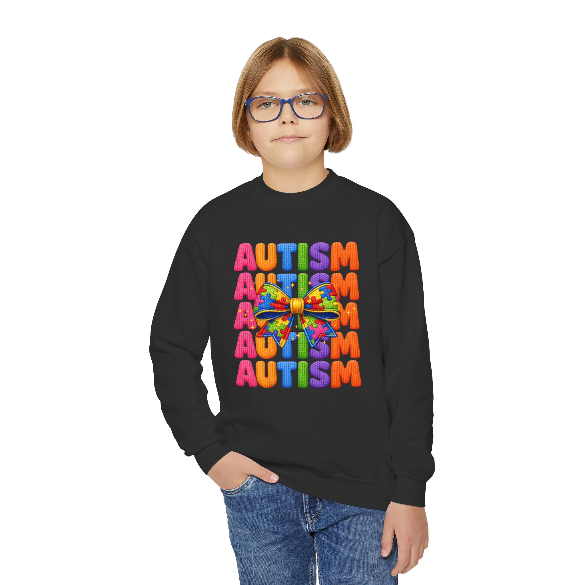 Youth Autism Awareness Crewneck Sweatshirt – Colorful Puzzle Ribbon Design