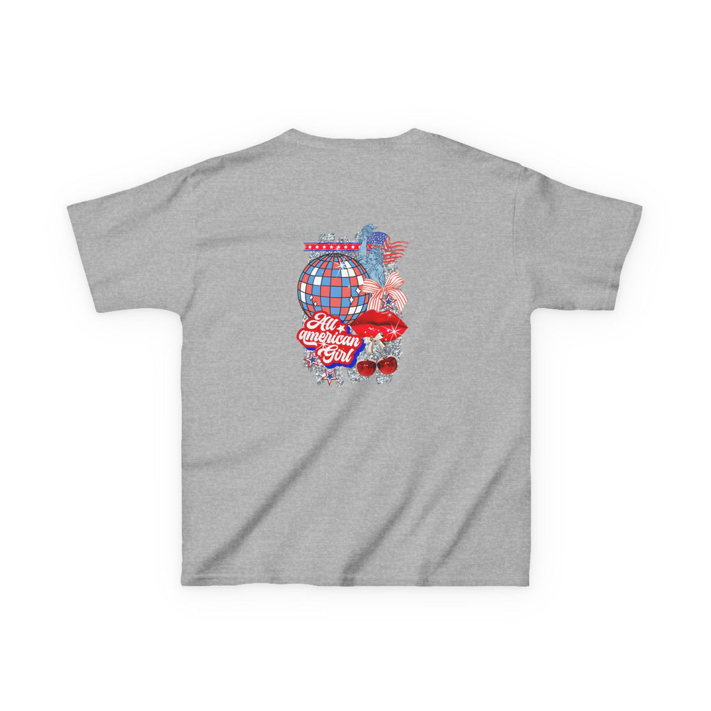 Kids Tee — Patriotic Cherry Graphic "All American Girl" — 4th of July Summer Shirt