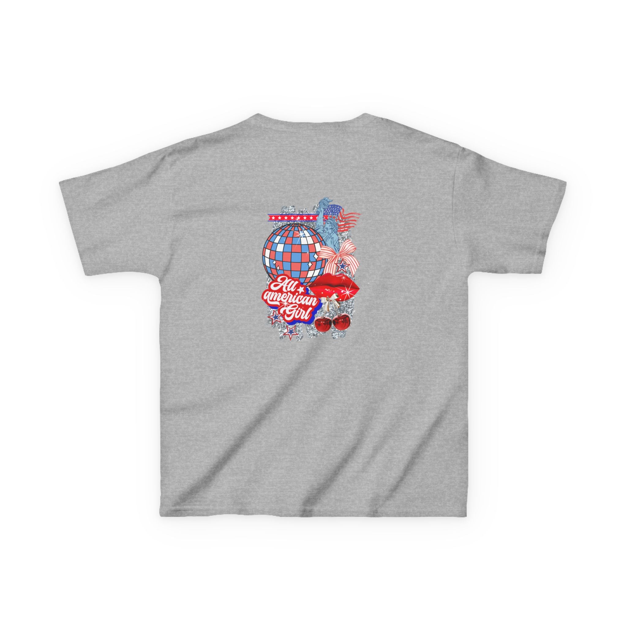 Kids Tee — Patriotic Cherry Graphic "All American Girl" — 4th of July Summer Shirt