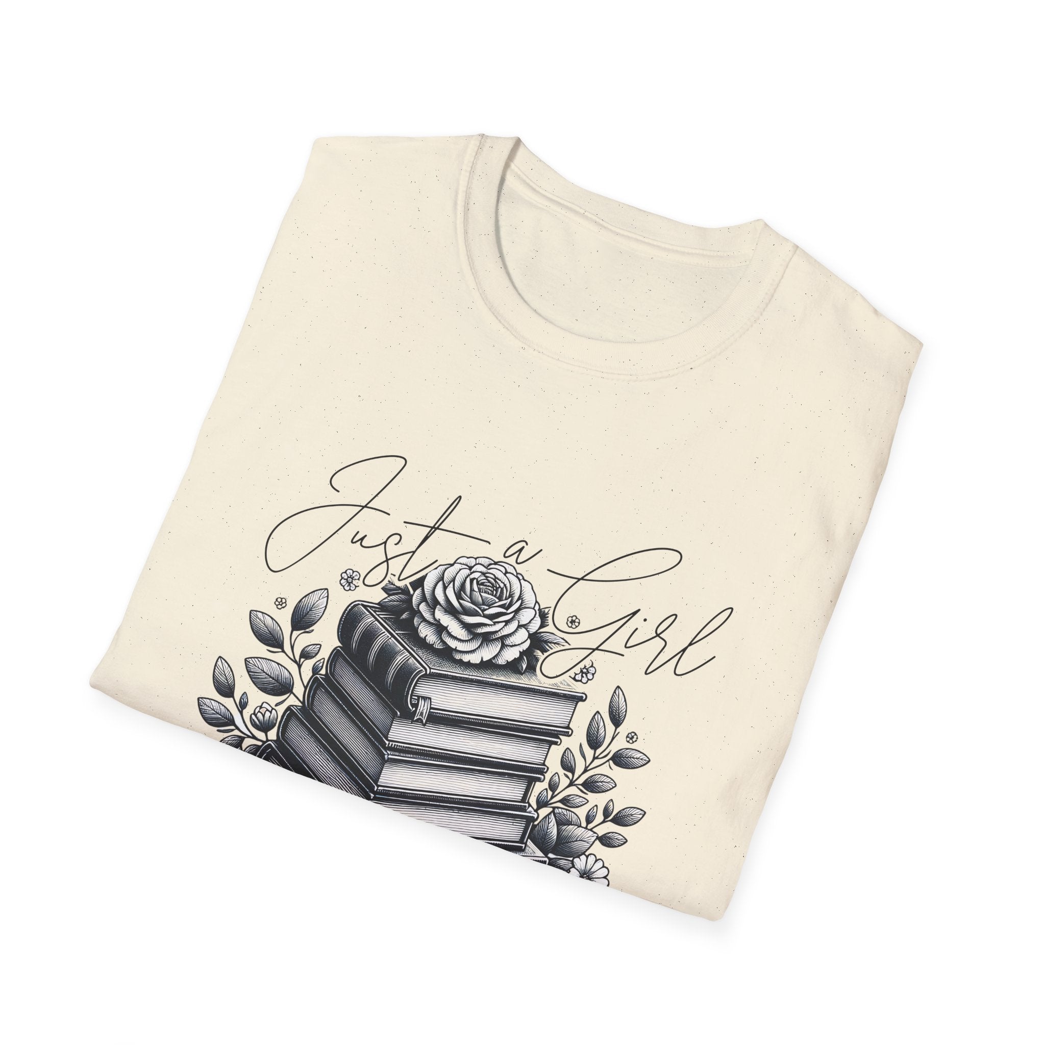 Book Lover T-Shirt — "Just a Girl Who Loves Books" Floral Stack Design
