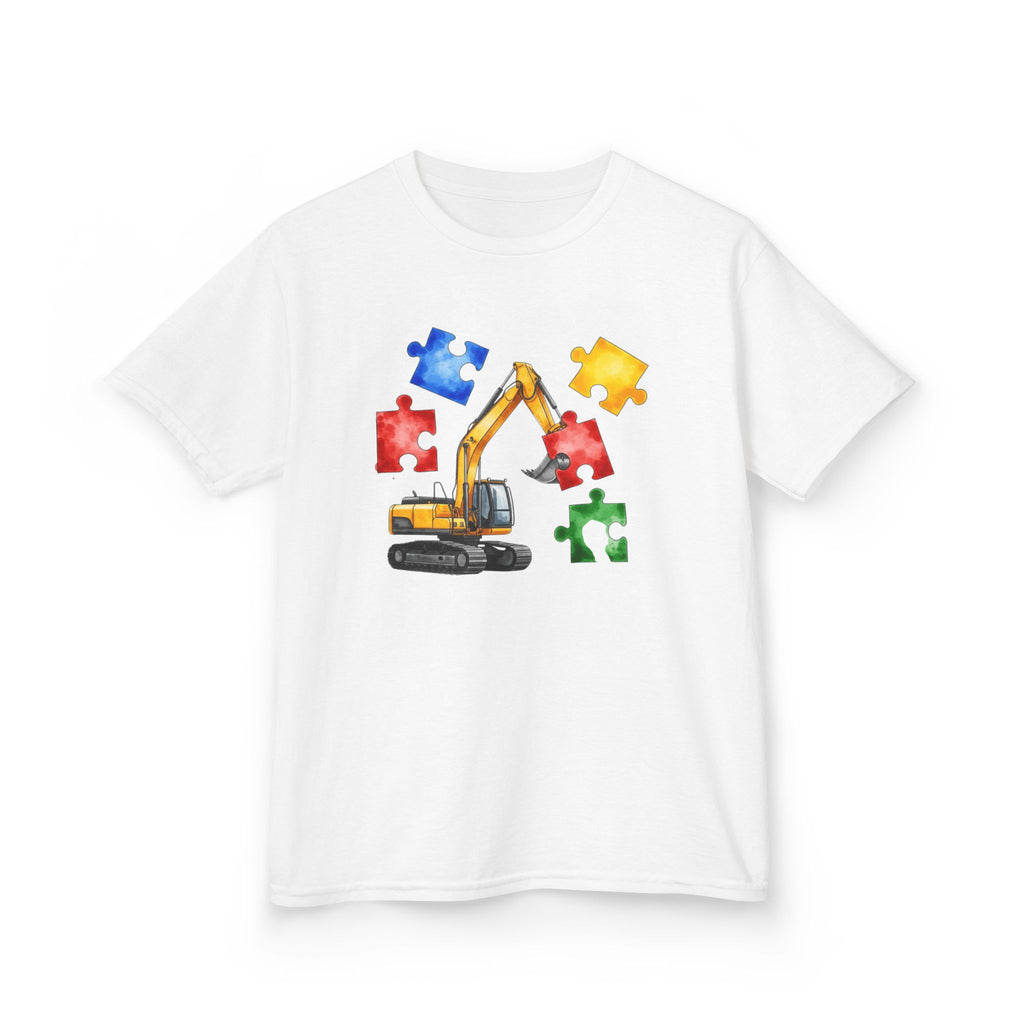 Kids Excavator Puzzle T-Shirt — Construction Truck Autism Awareness Tee