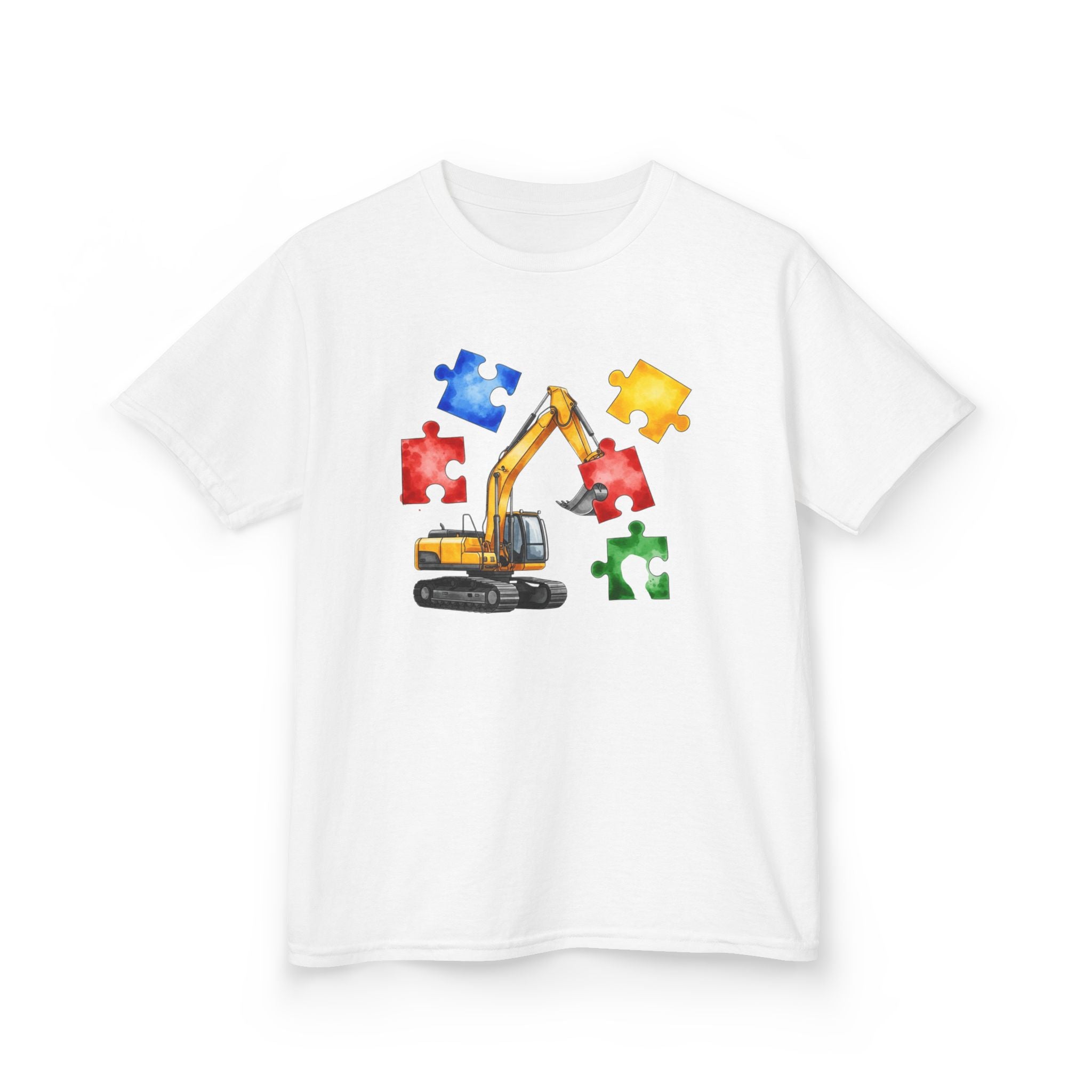Kids Excavator Puzzle T-Shirt — Construction Truck Autism Awareness Tee
