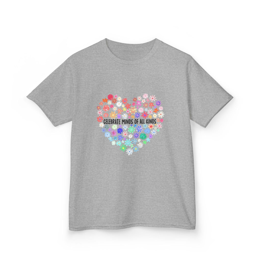 Kids T-Shirt — "Celebrate Minds of All Kinds" Rainbow Flower Heart
