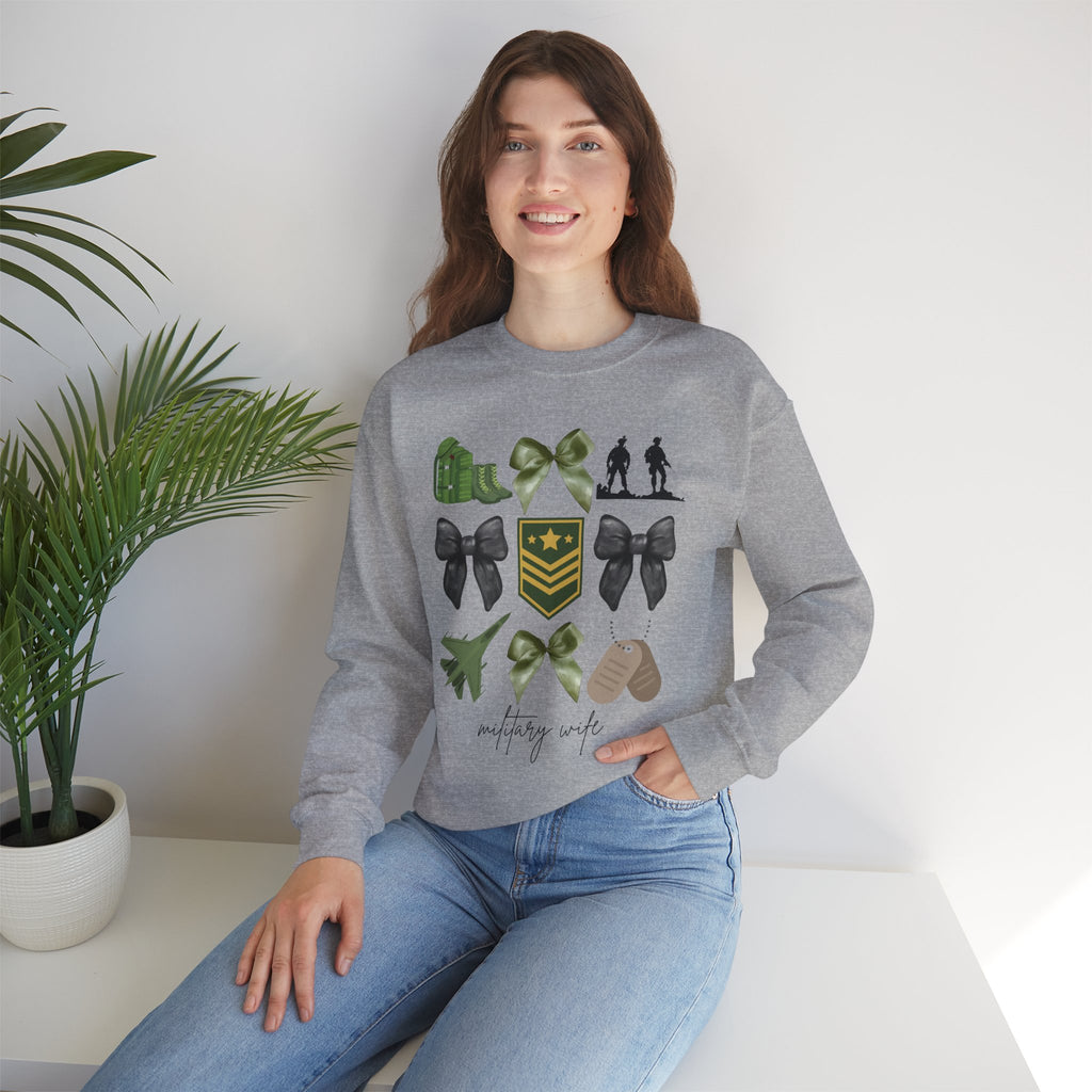 Military Wife Crewneck Sweatshirt – Olive Green Ribbon & Rank Emblem