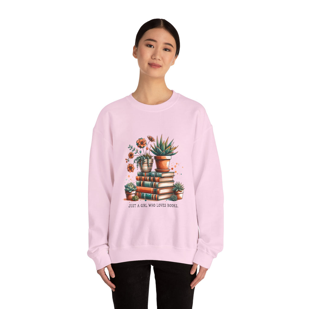 Booklover Sweatshirt — “Just a Girl Who Loves Books” Floral Plants & Stacks Crewneck