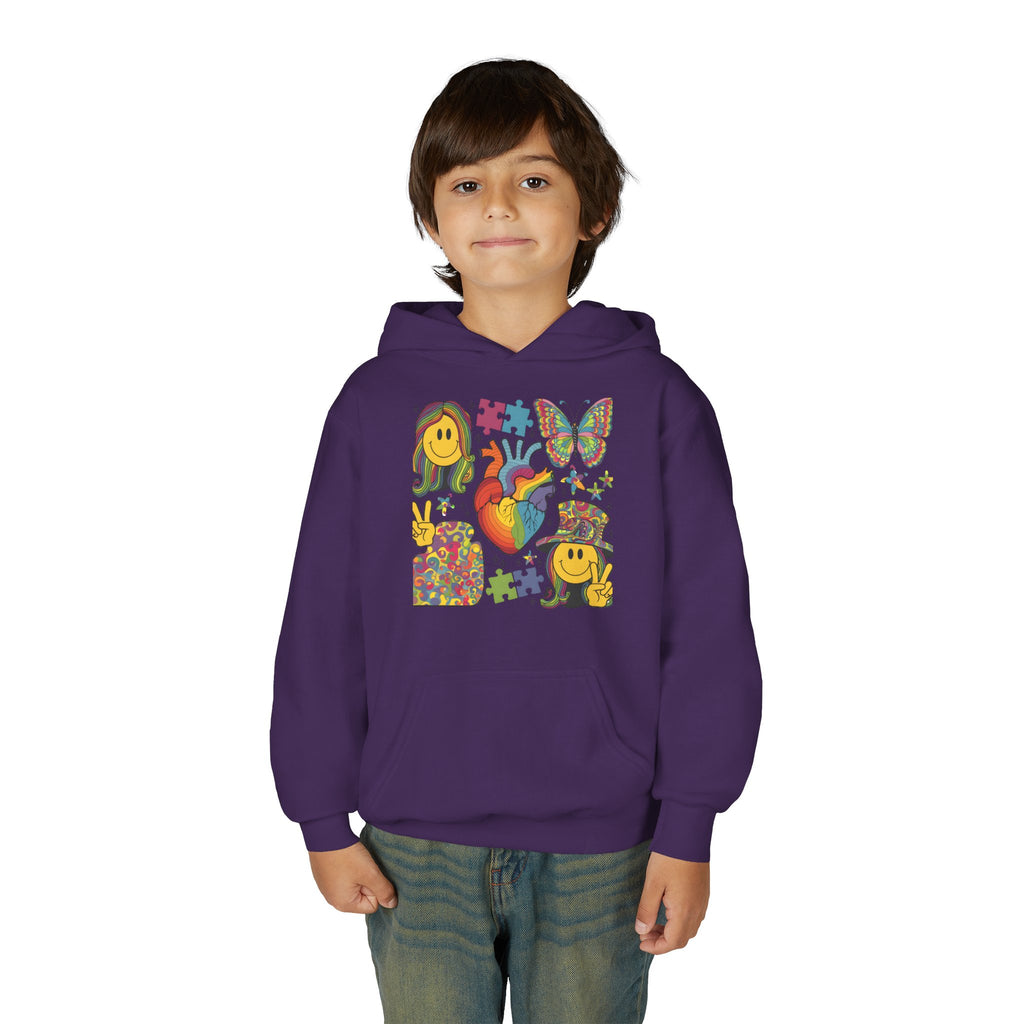 Youth Hoodie — Colorful Retro Smiley & Puzzle Heart Graphic