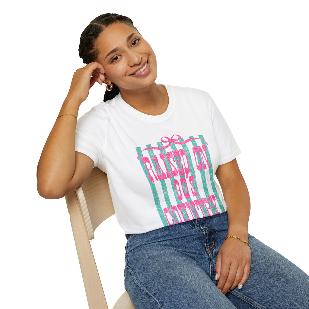 Raised On Rock & Country T-Shirt — Pink Teal Striped Graphic Tee