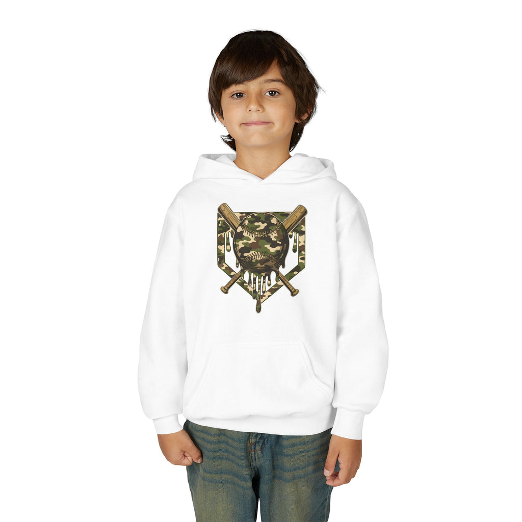 Youth Camo Baseball Crest Hoodie – Camouflage Bat & Home Plate Graphic