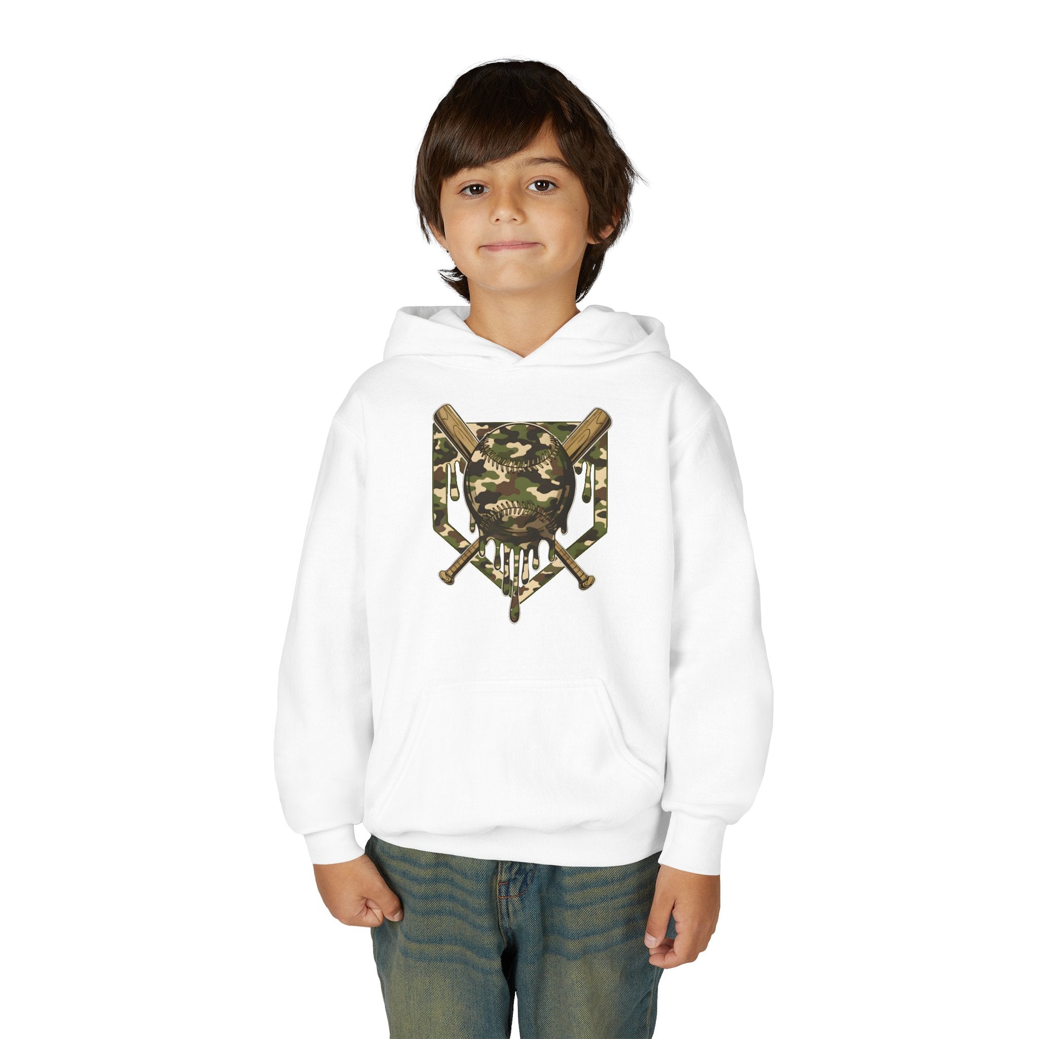 Youth Camo Baseball Crest Hoodie – Camouflage Bat & Home Plate Graphic