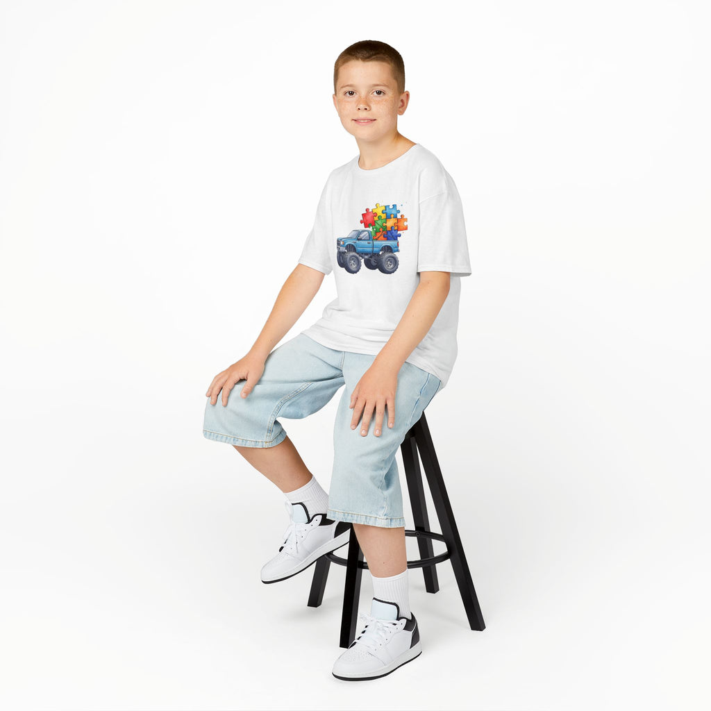 Kids Monster Truck Autism Awareness T‑Shirt — Puzzle Piece Ride