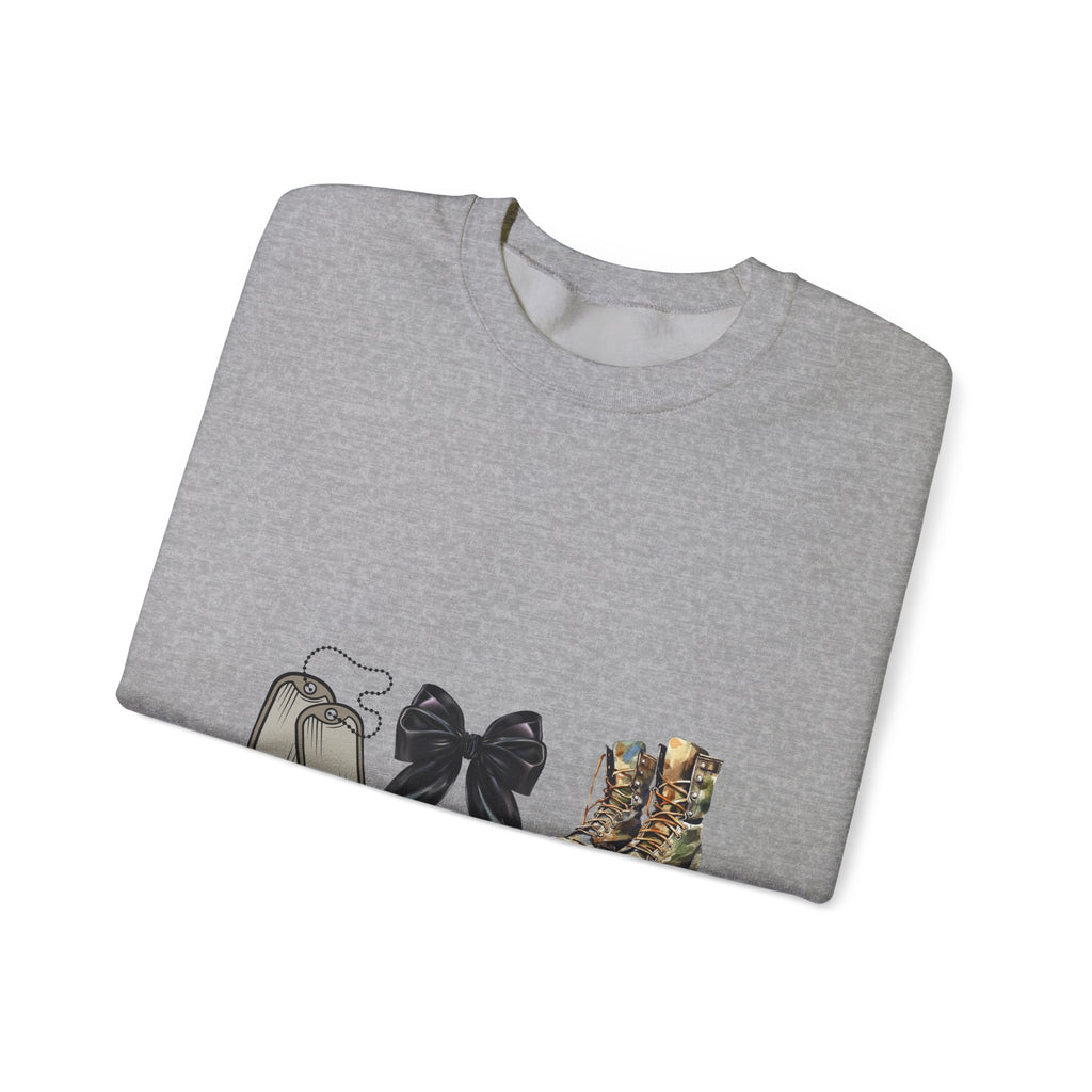 Crewneck Sweatshirt — "He's Working" Graphic with Boots, Bow & Baby Shoes