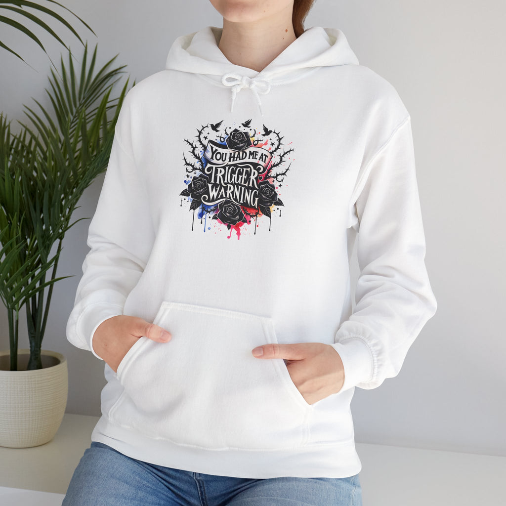 Trigger Warning Graphic Hoodie — Edgy Drip Paint Design